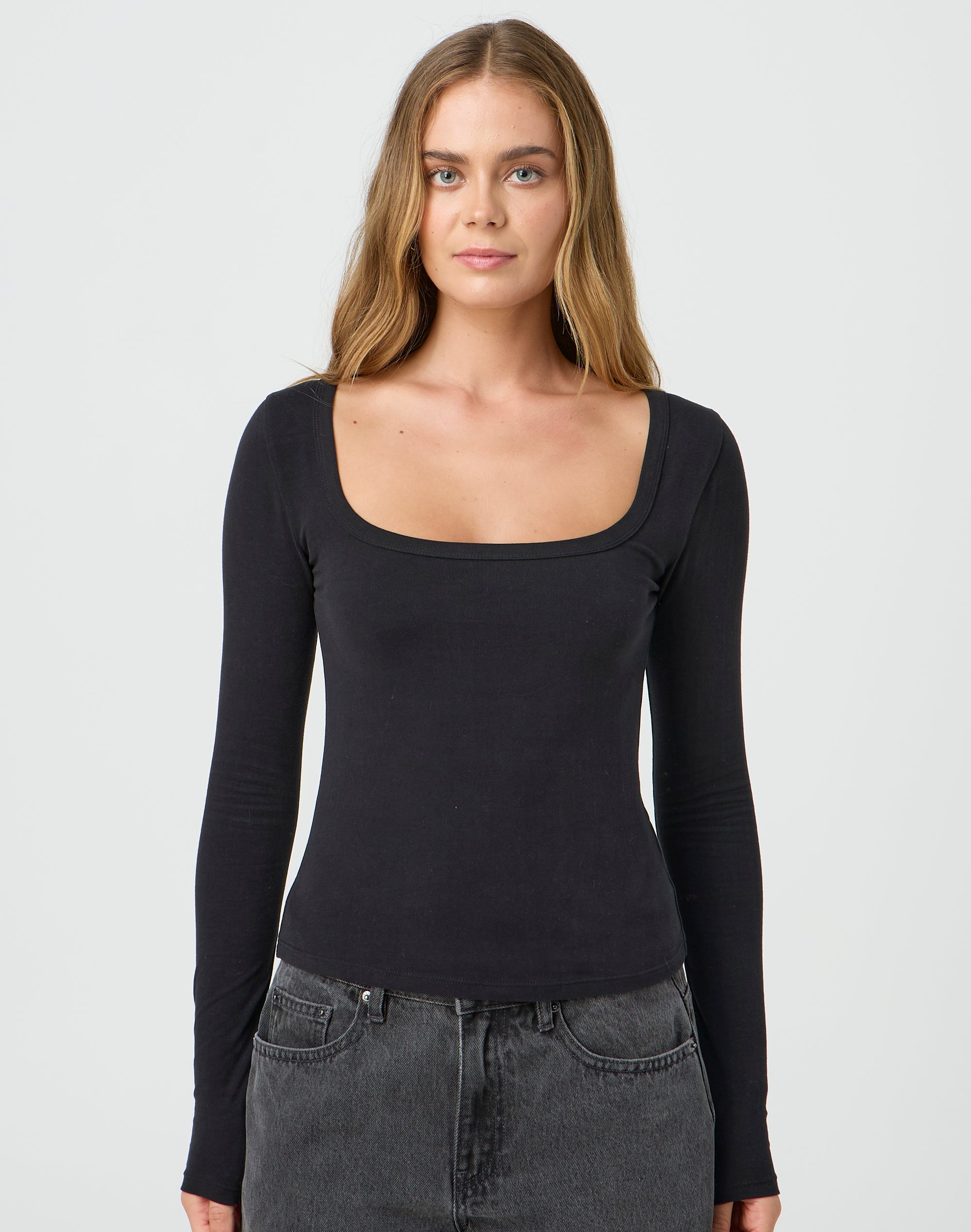 Cotton Square Neck Long Sleeve Top in Black