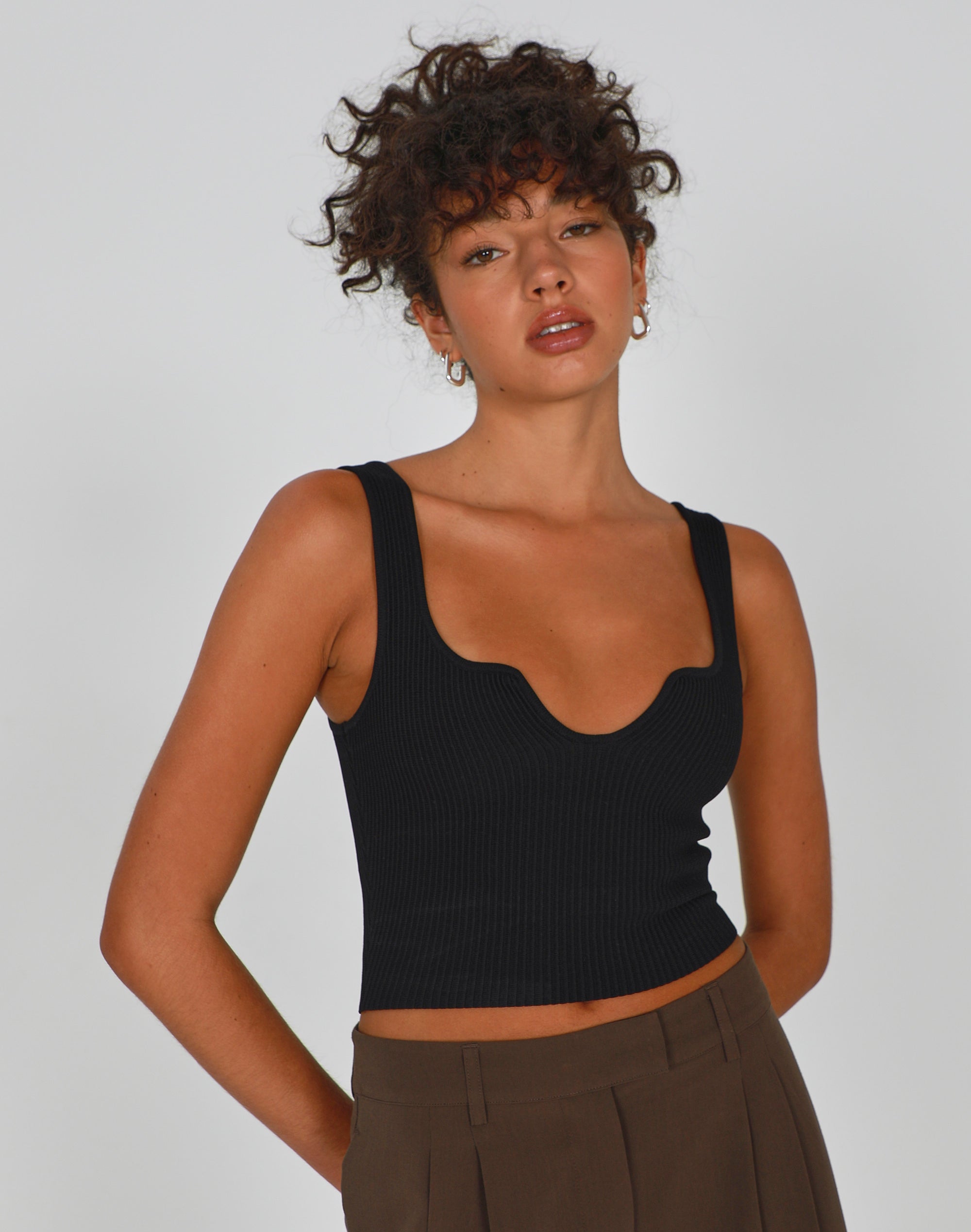 Notch Neck Cropped Knit Top in Black 