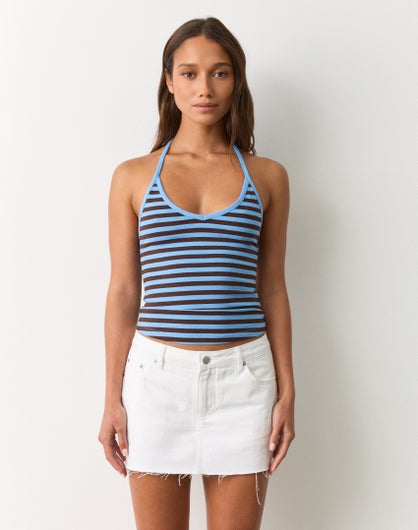 Stripe Cotton Tie Halter Top in Sadie Stripe X Cornflower Kiss | Glassons