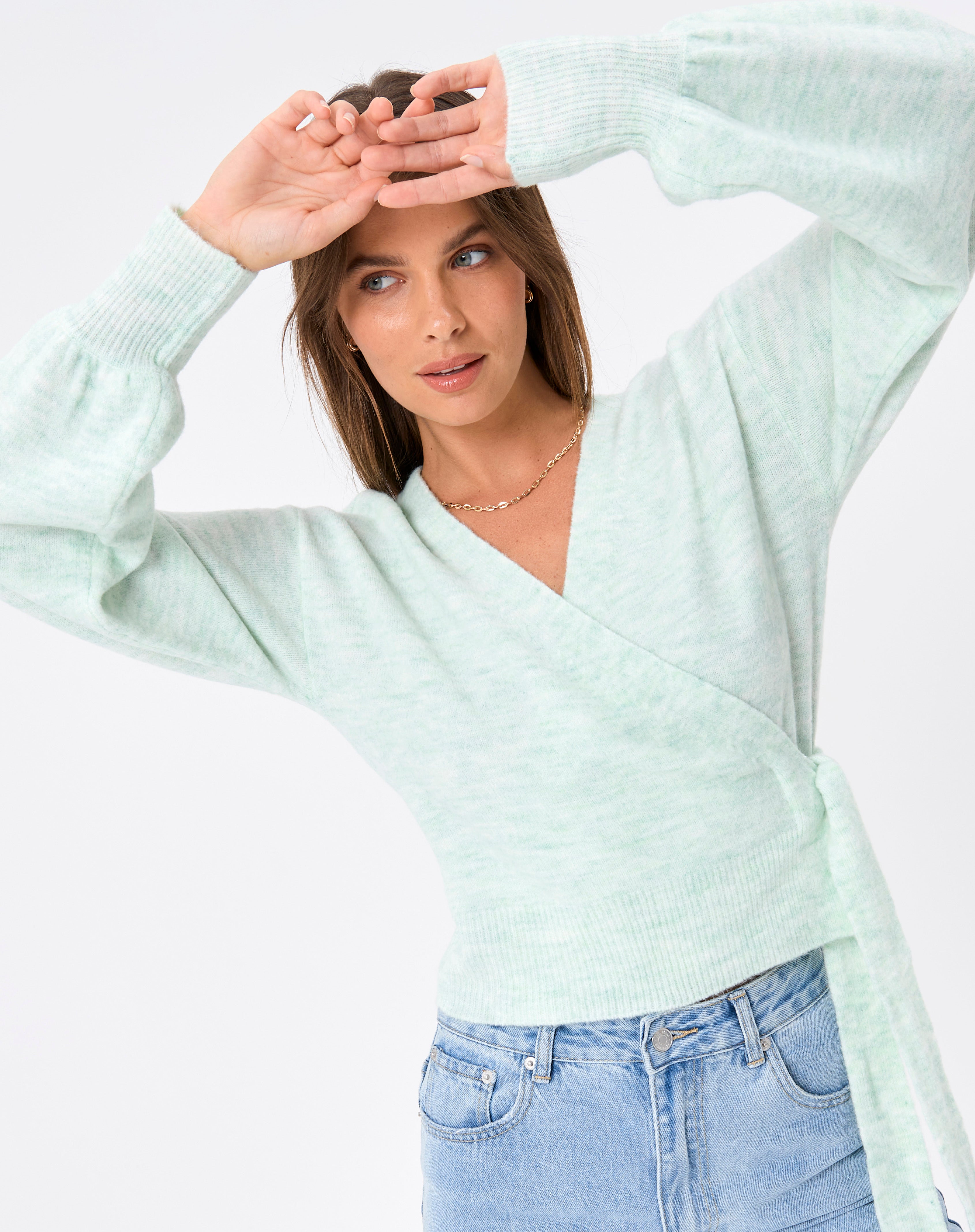 Wrap Tie Long Sleeve Knit Top in Green 