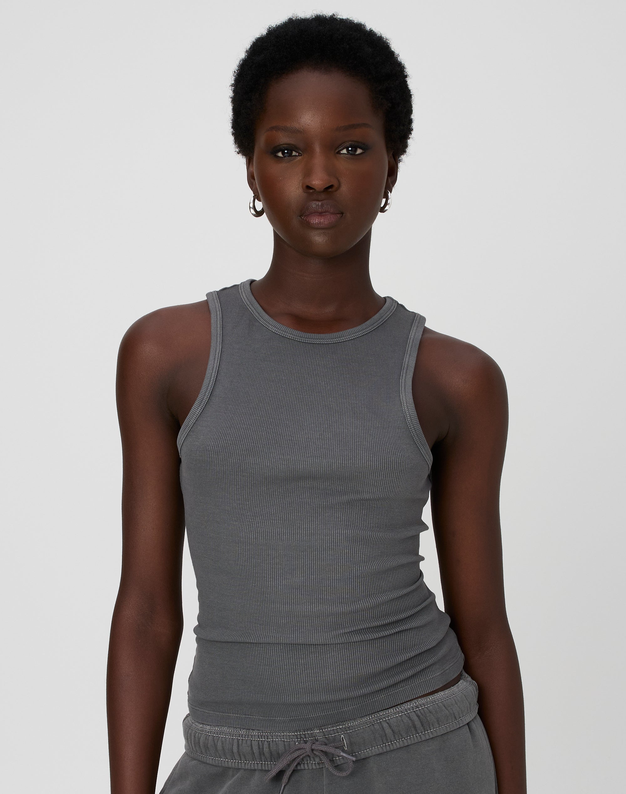 Rib High Neck Tank Top in Washed Charcoal