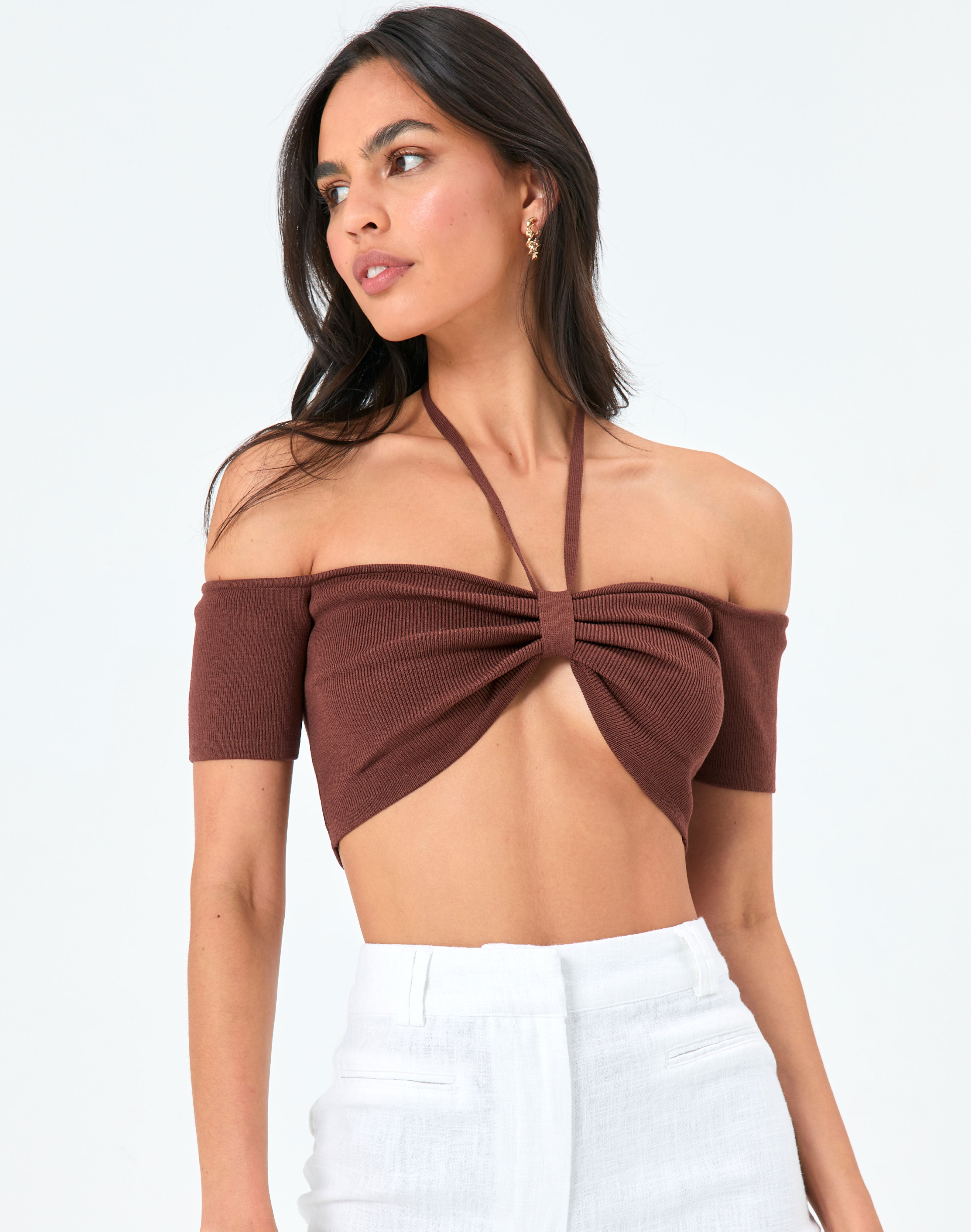 Off Shoulder Halter Knit Crop Top in 
