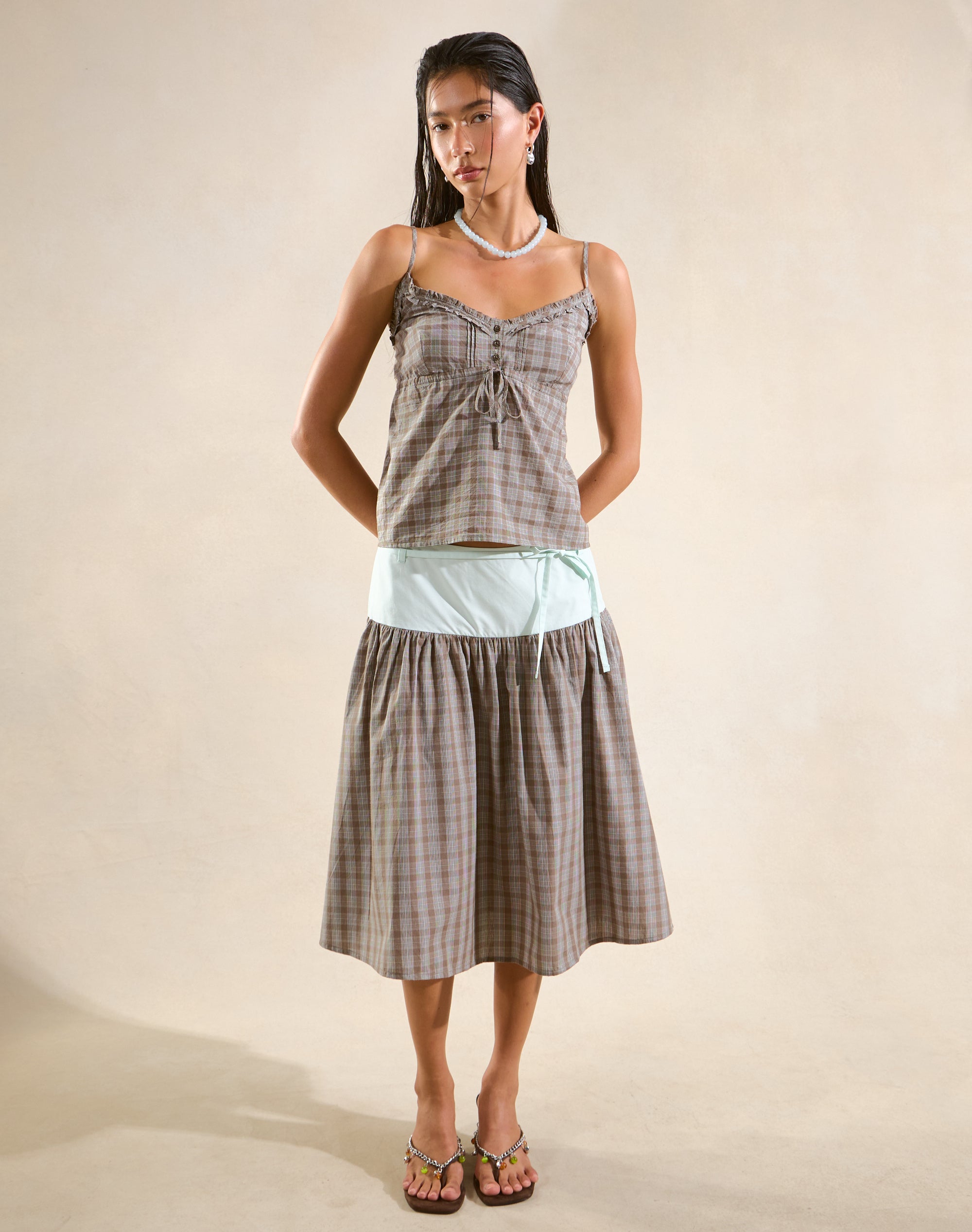 Gathered Poplin Midi Skirt in Minty X Smokey Mint Cammie Che