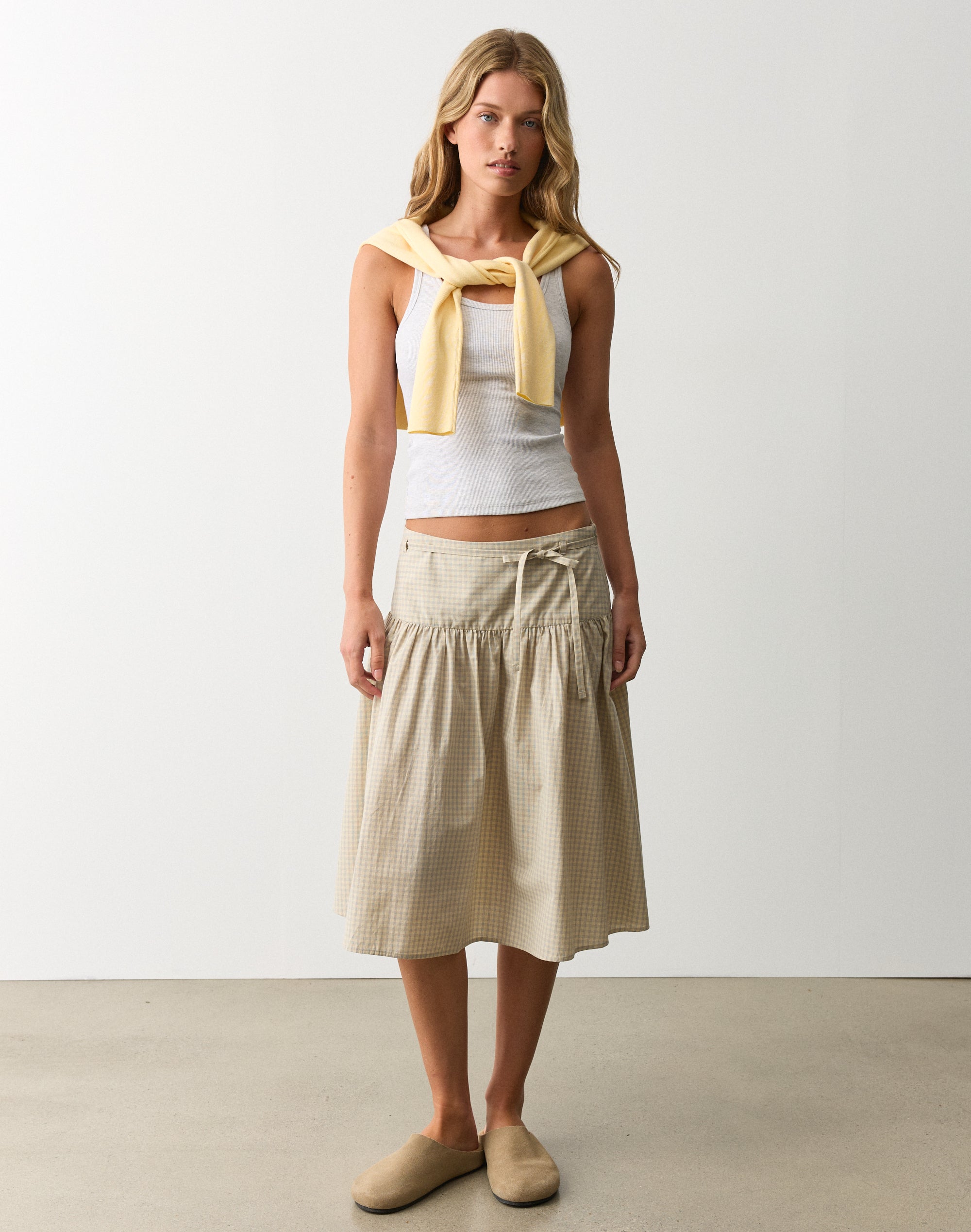 Gathered Poplin Midi Skirt in Rocky White Oli Check | Glassons US