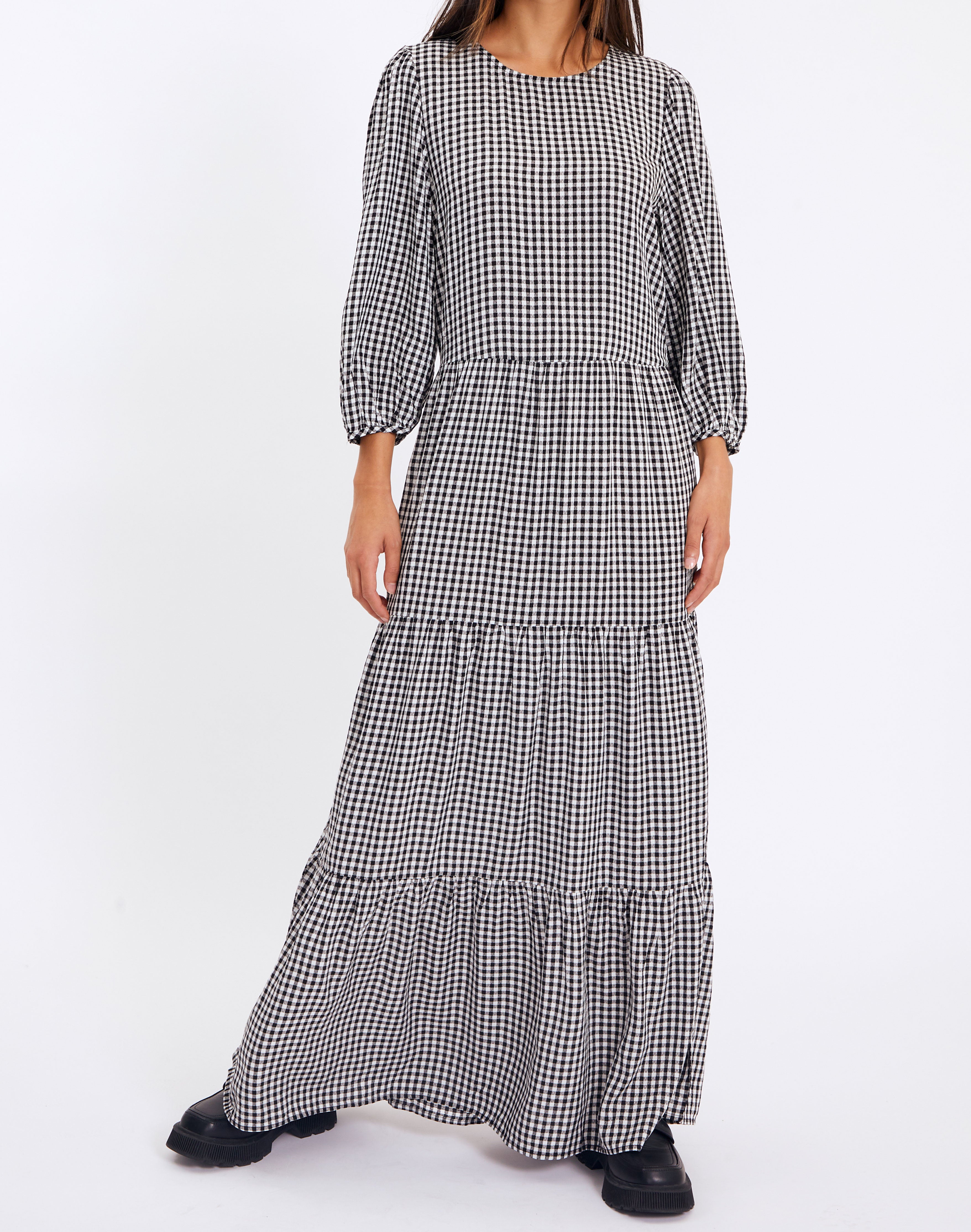 Gingham Long Sleeve Maxi Babydoll Dress 