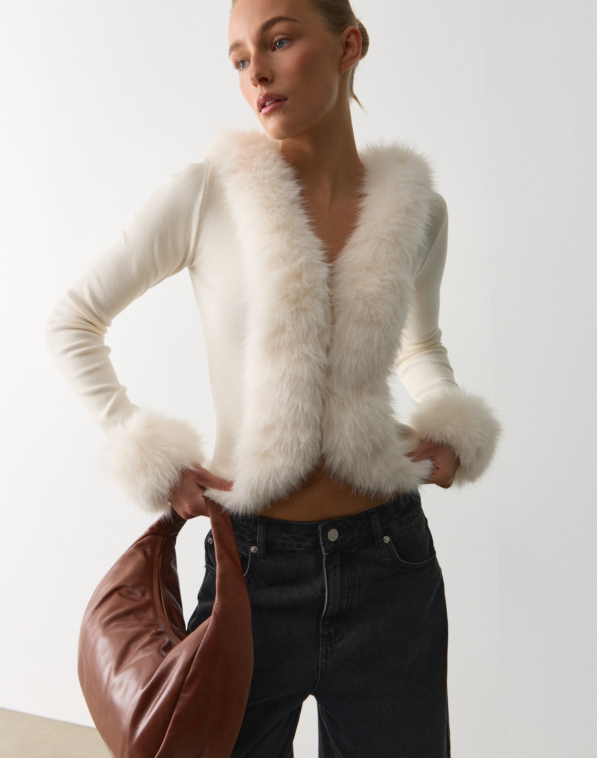 Fur Trim Knit Cardigan in Caribbean Velvet | Glassons US