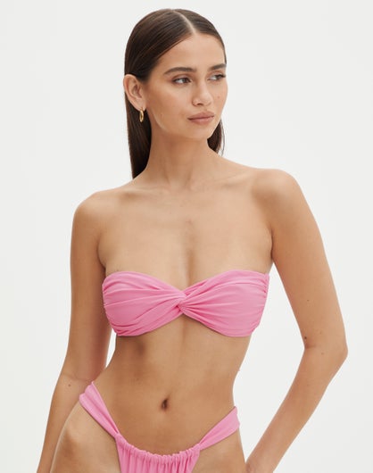 Ruched Twist Front Bandeau Bikini Top in Princess Pink | Glassons
