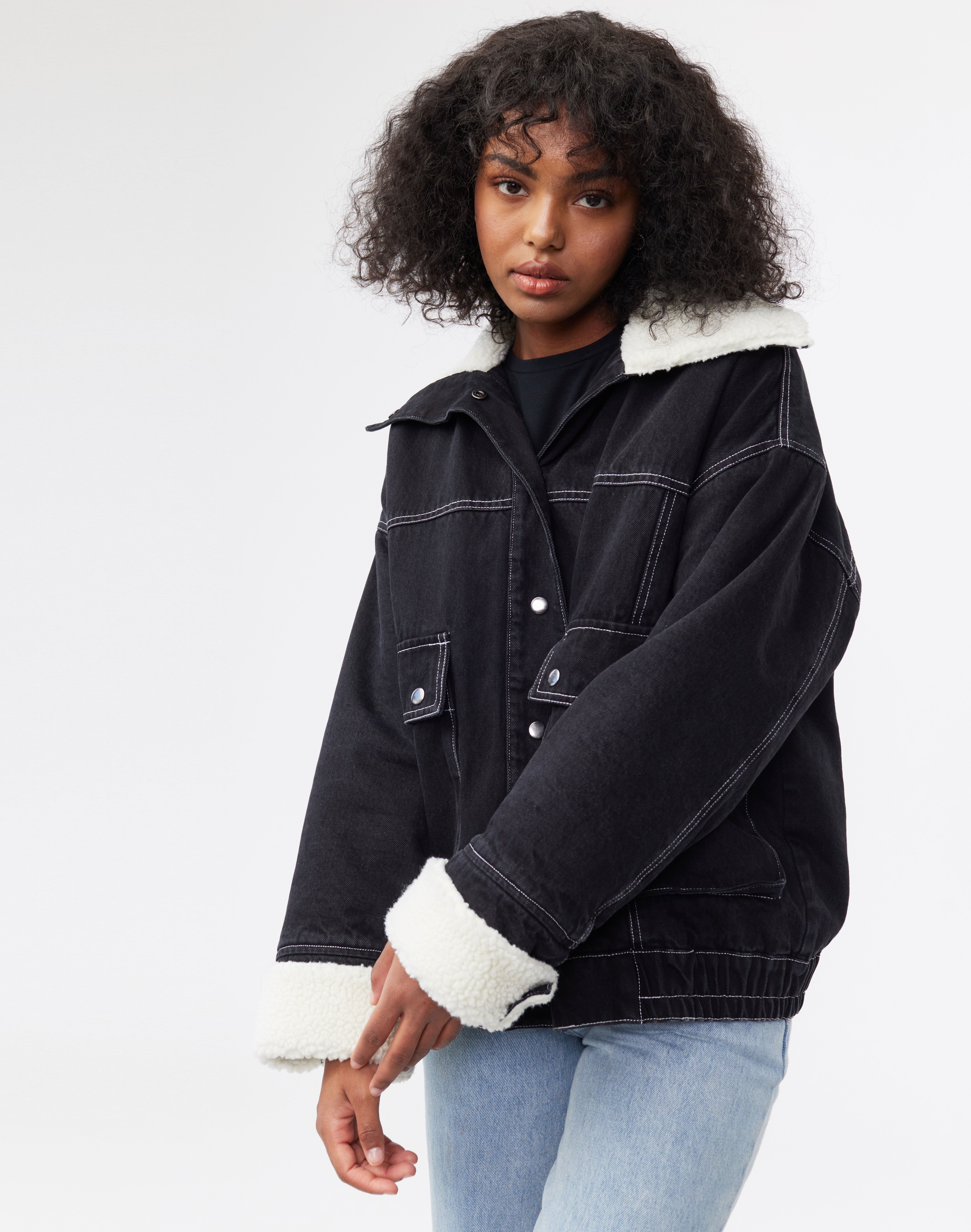 Recycled Borg Denim Jacket in Black 