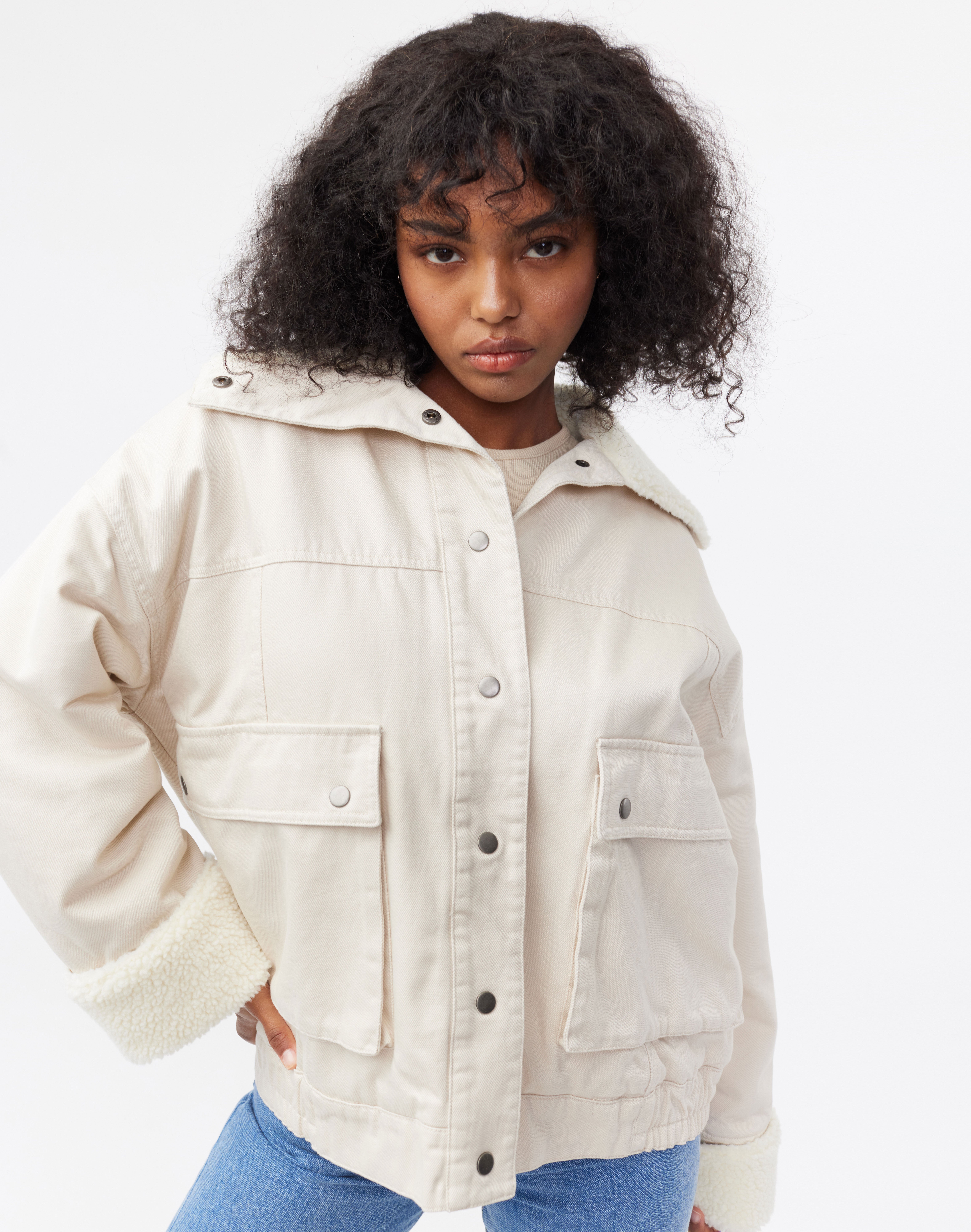 Recycled Borg Denim Jacket in Beige 
