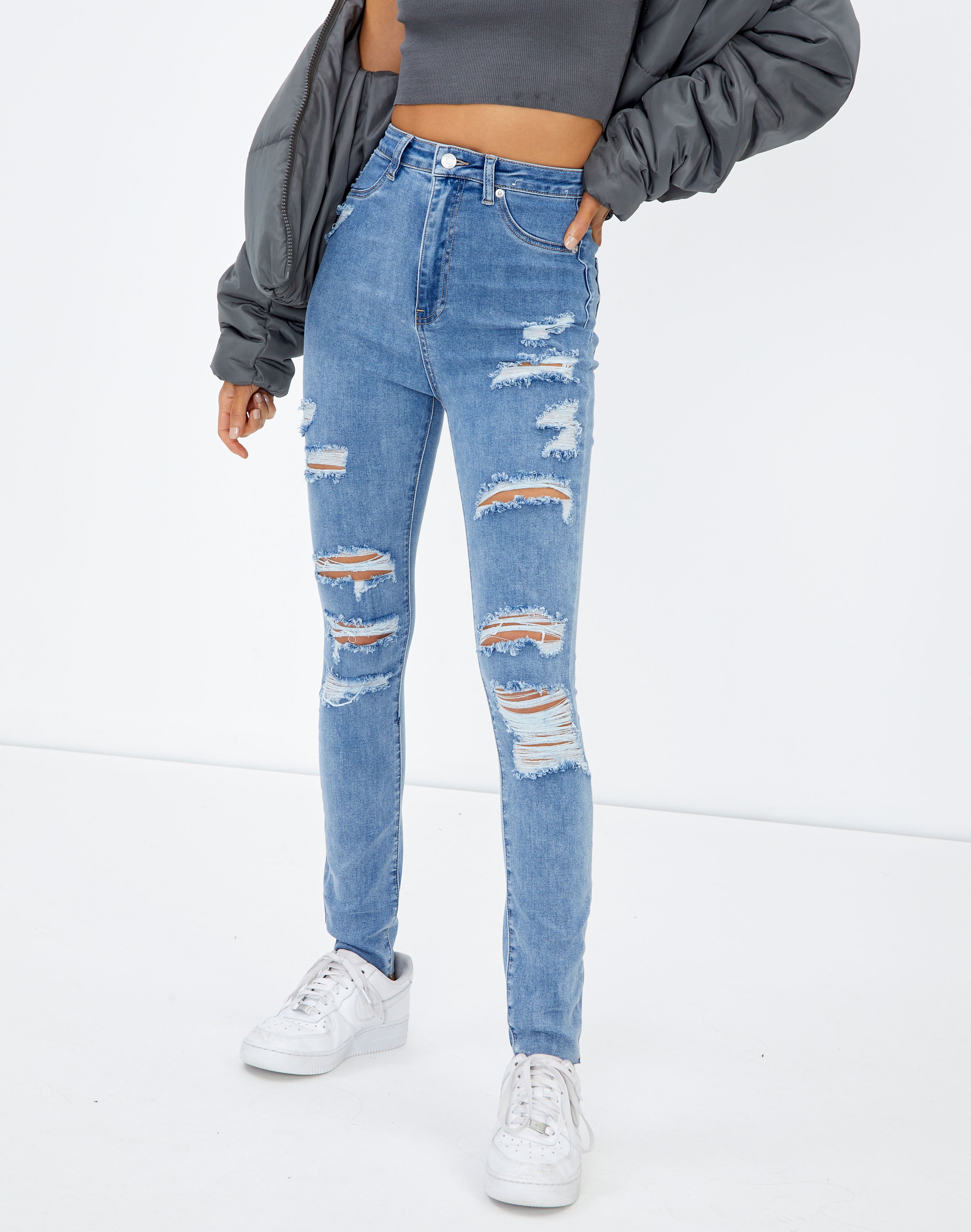 Recycled Destroyed Super High Stretch Skinny Jean in Wash Dark | Glassons