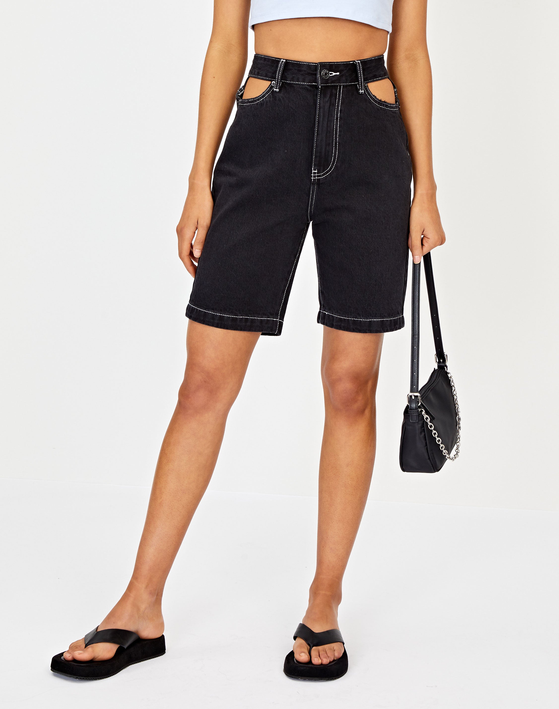 Contrast Stitch Longline Denim Short 
