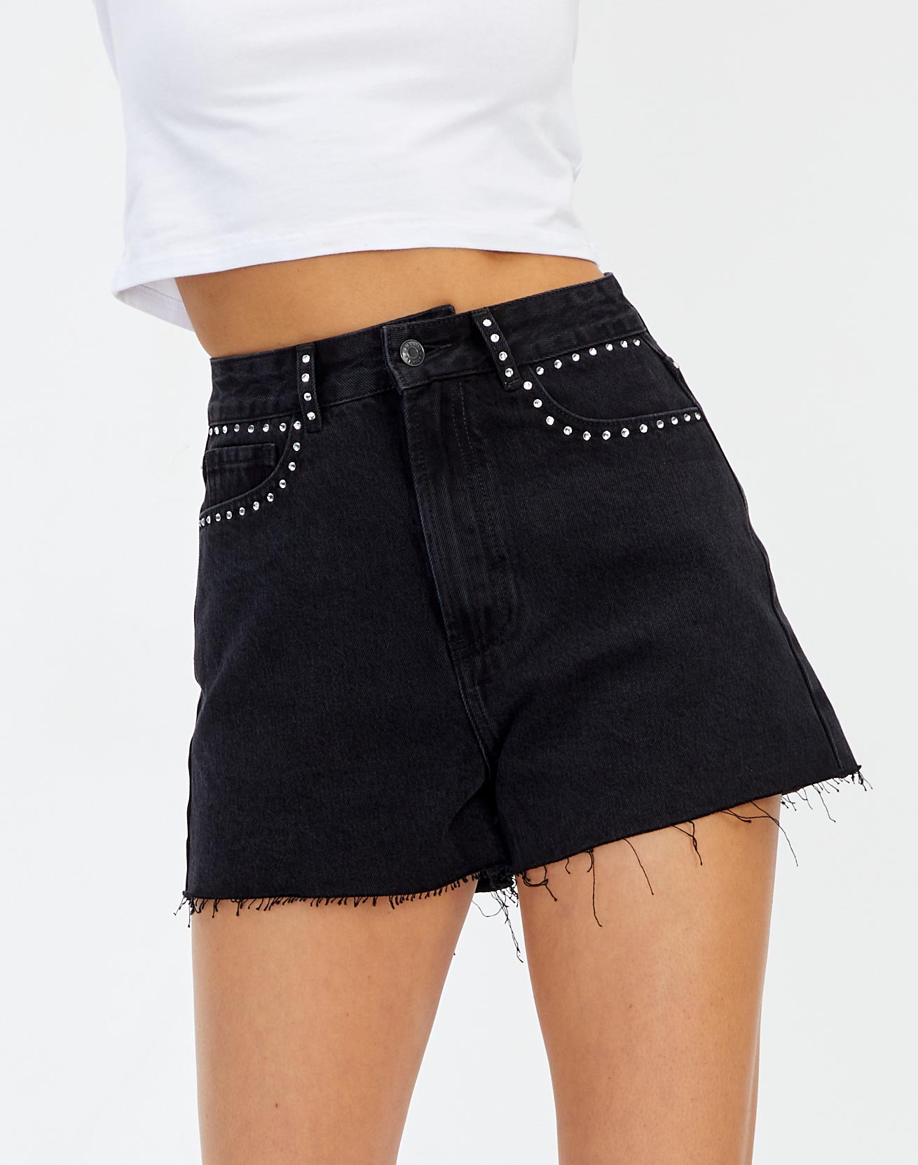 Rhinestone Denim Short in Black | Glassons