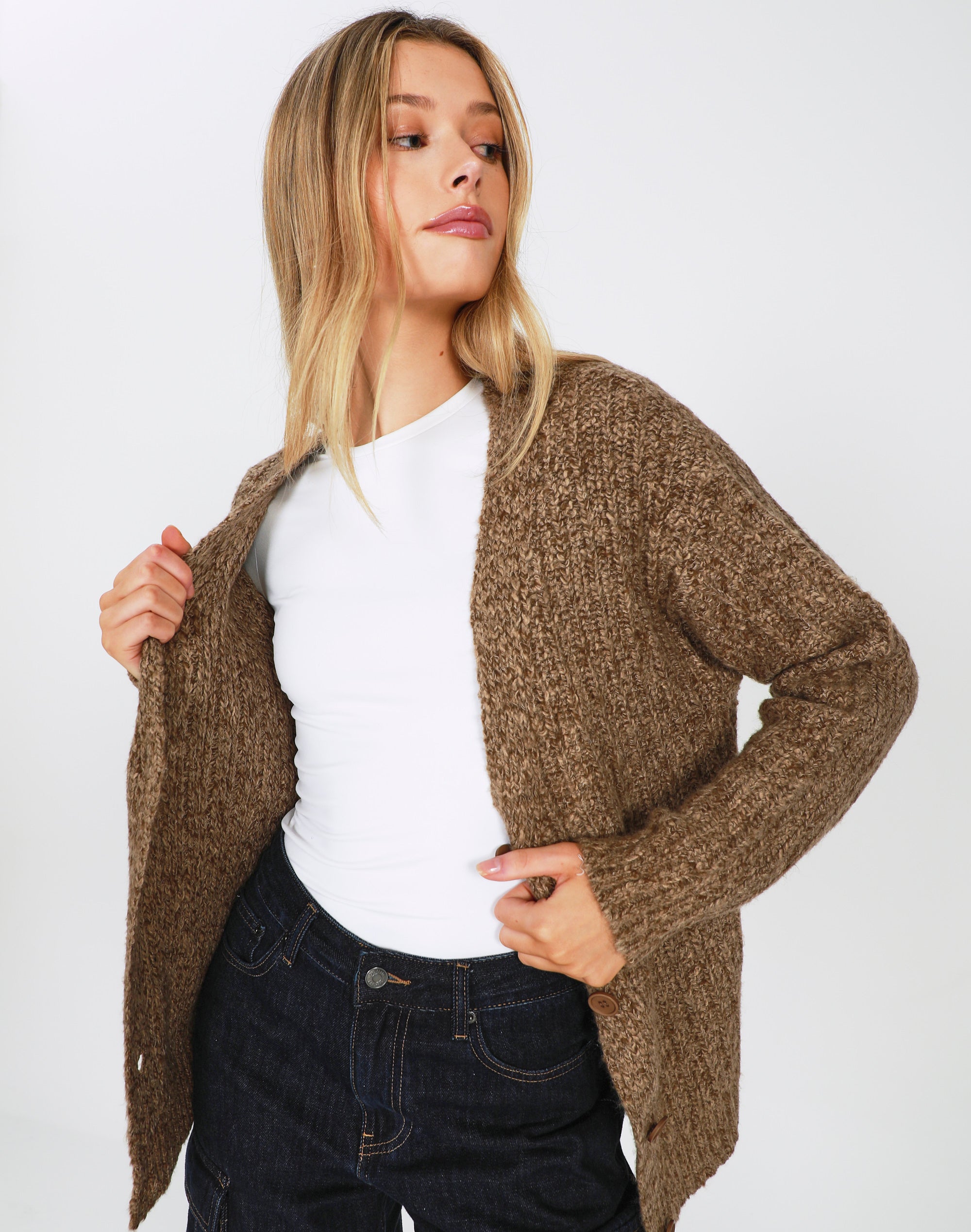 Oversized Button Front Knit Cardigan in Brown | Glassons