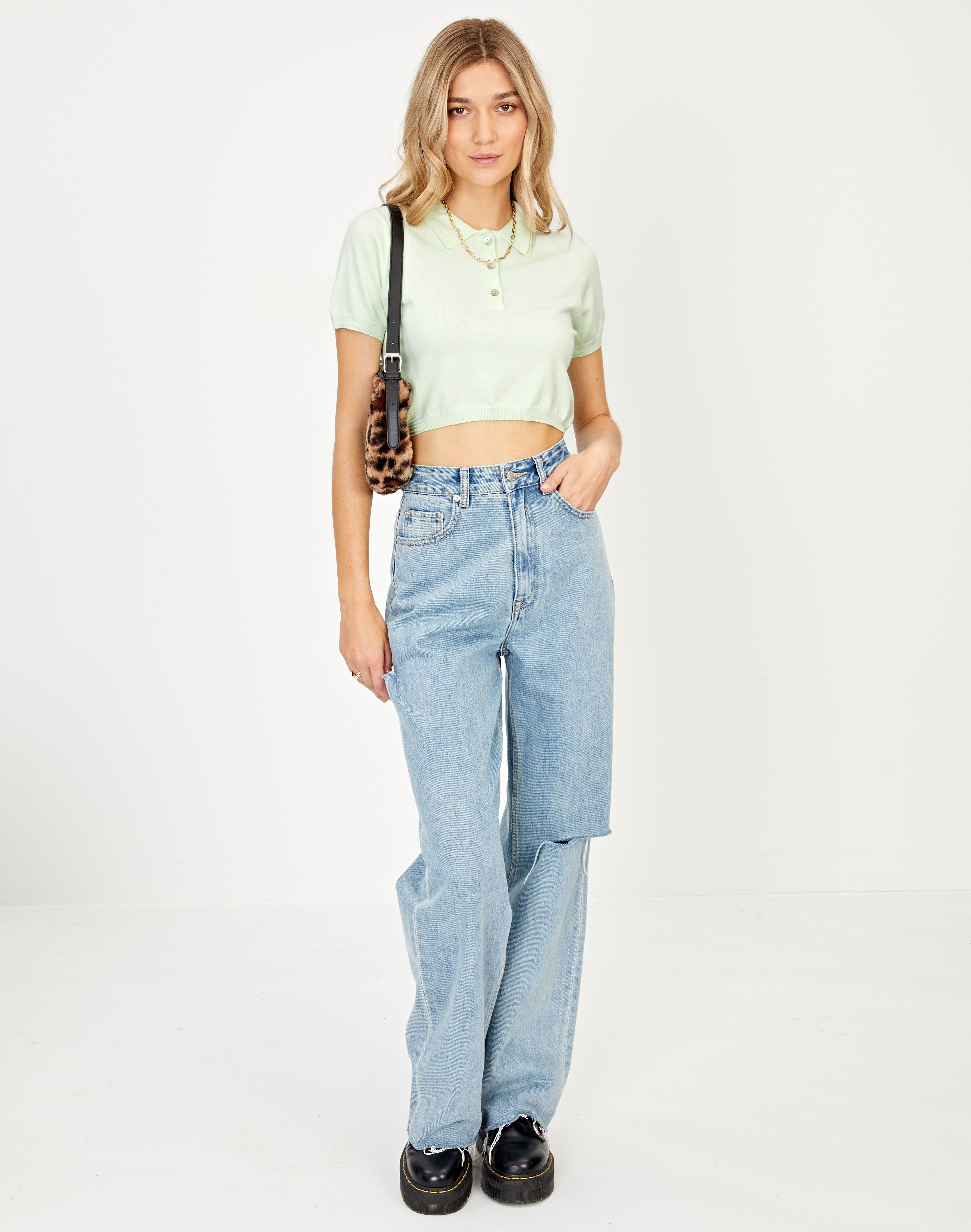 Cropped Polo Top in Green | Glassons