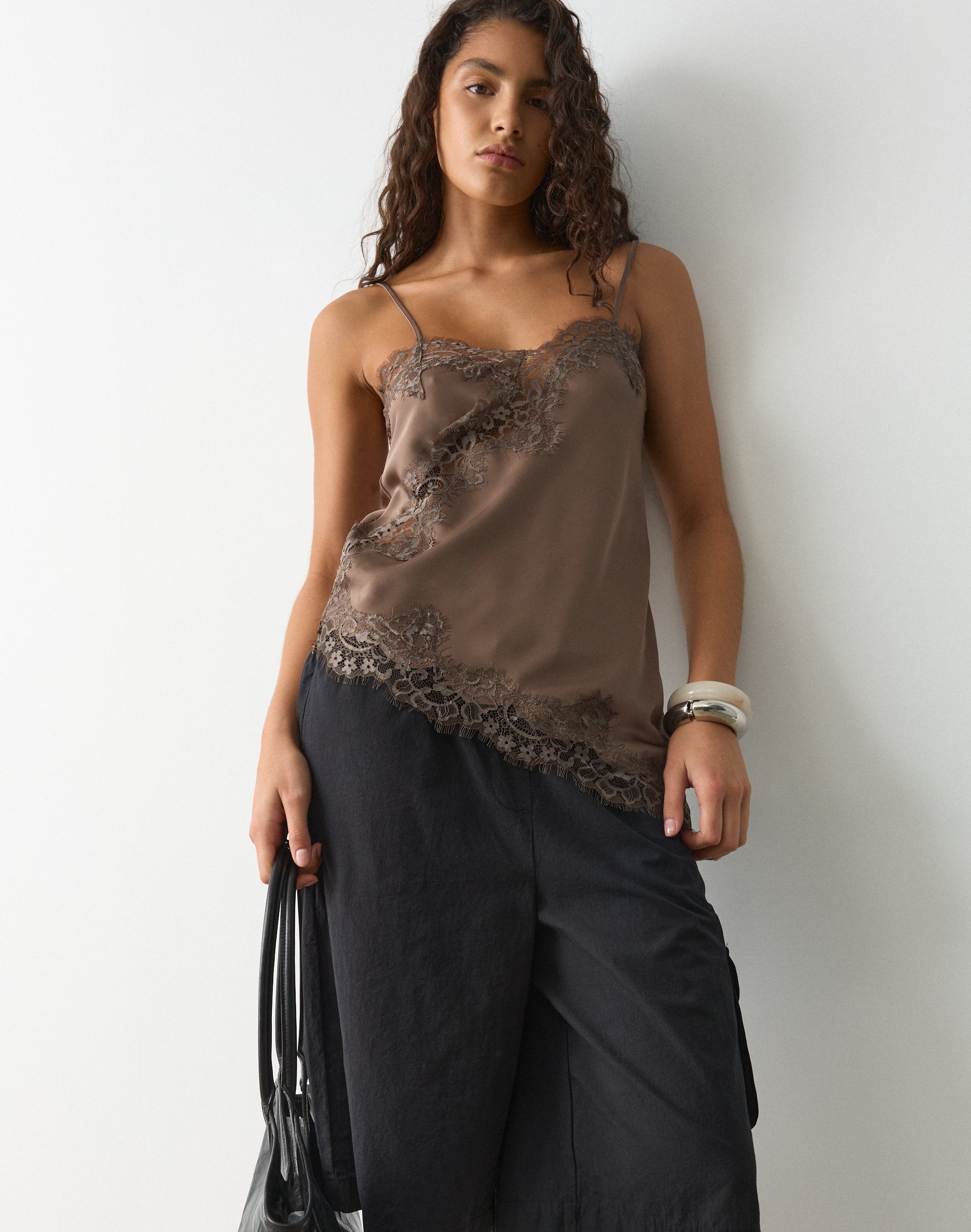 Satin Lace Cami Top in Smokey Hazel | Glassons US