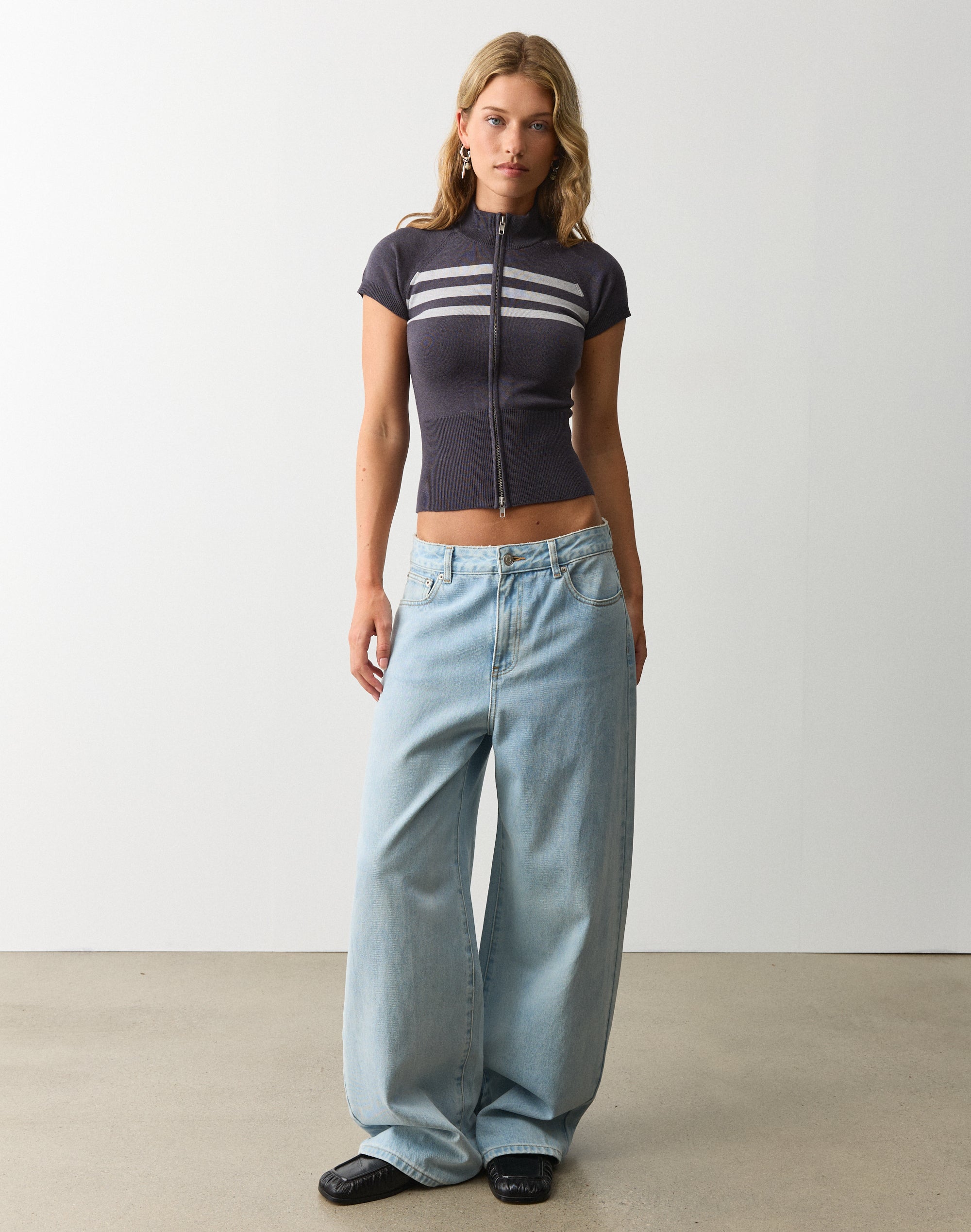Funnel Neck Zip Up Knit Top in Charcoal Pale Lemmy Stripe