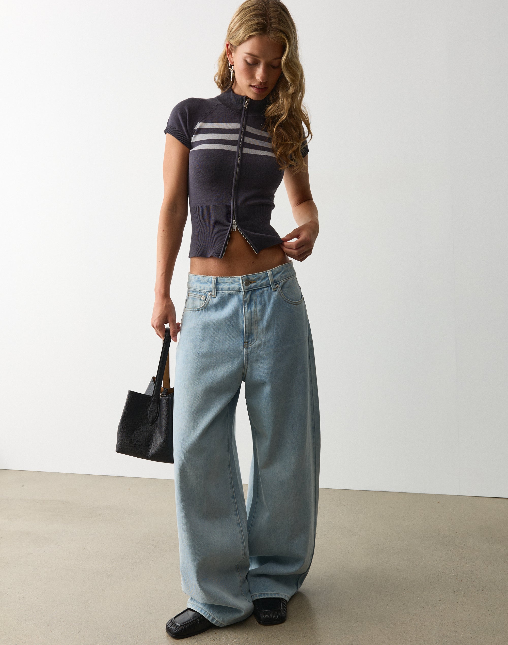 Funnel Neck Zip Up Knit Top in Charcoal Pale Lemmy Stripe