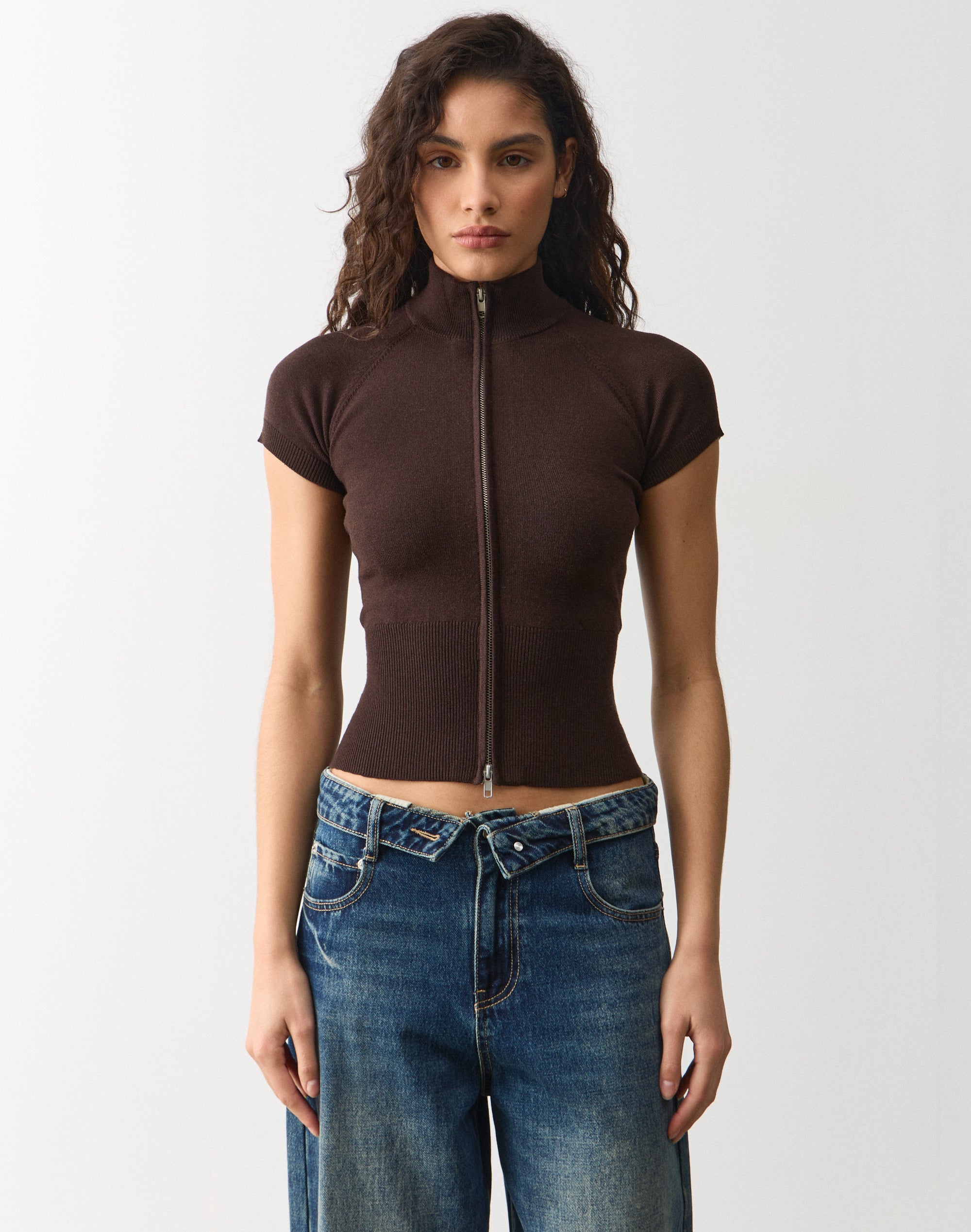 トップス flame zip knit tops Black Funnel Neck Zip Up Knit Top in Black | Glassons US