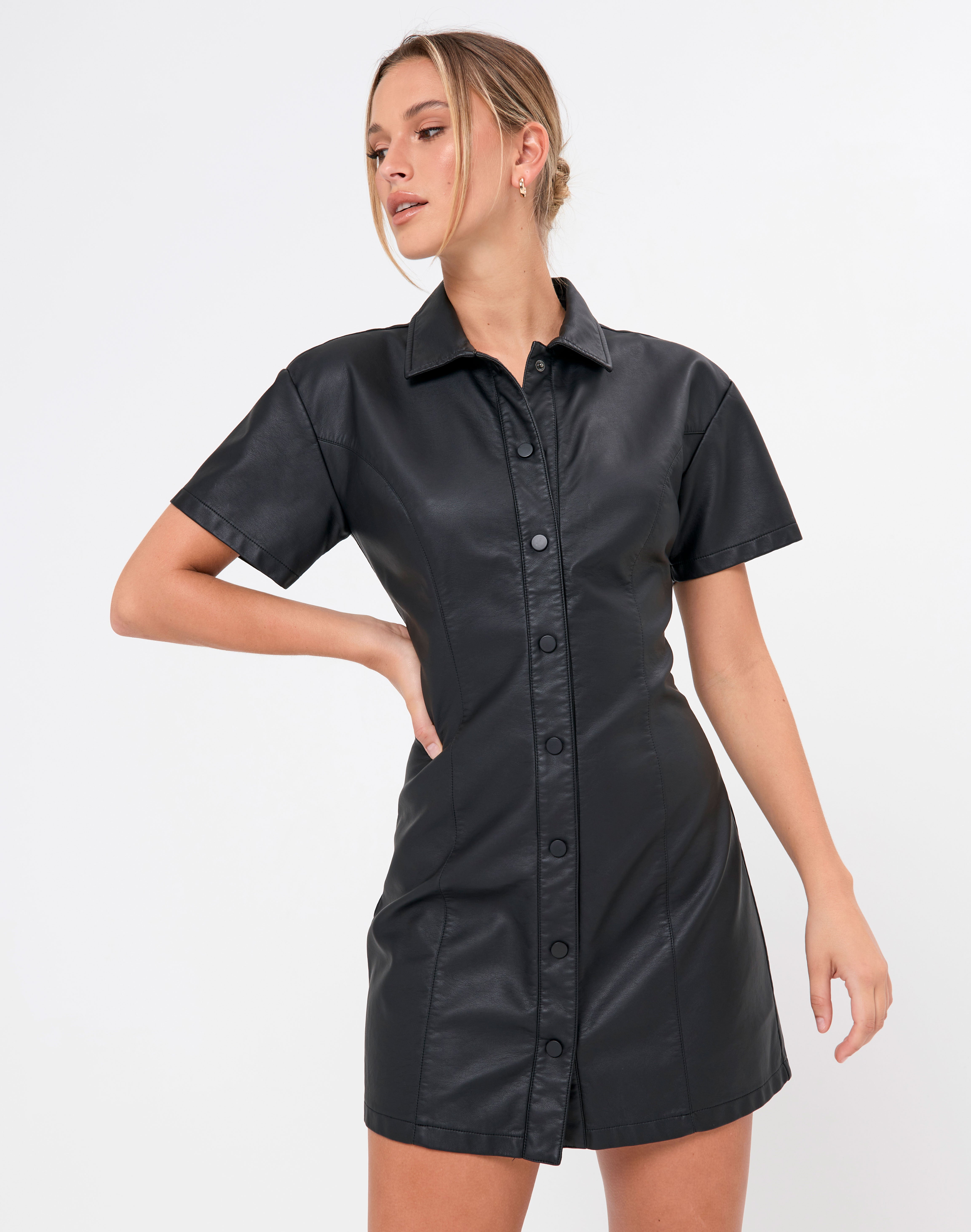 Faux Leather Button Front Mini Dress in ...