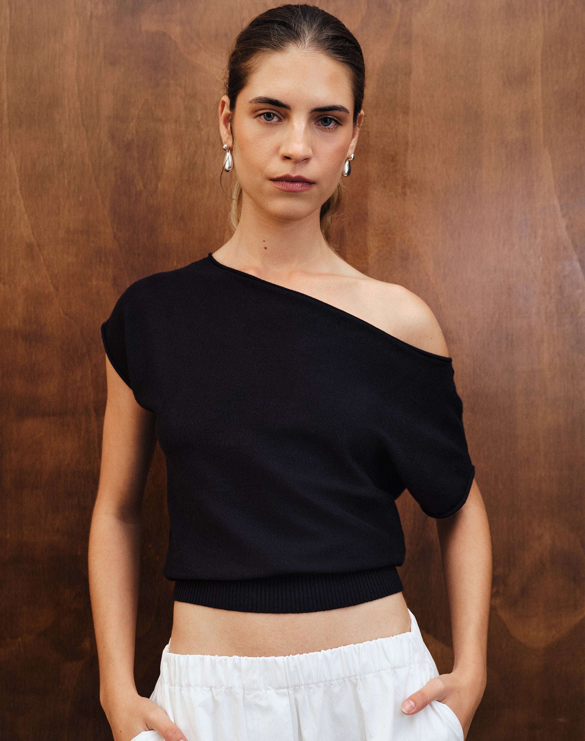 Off Shoulder Knit Top in Black | Glassons US