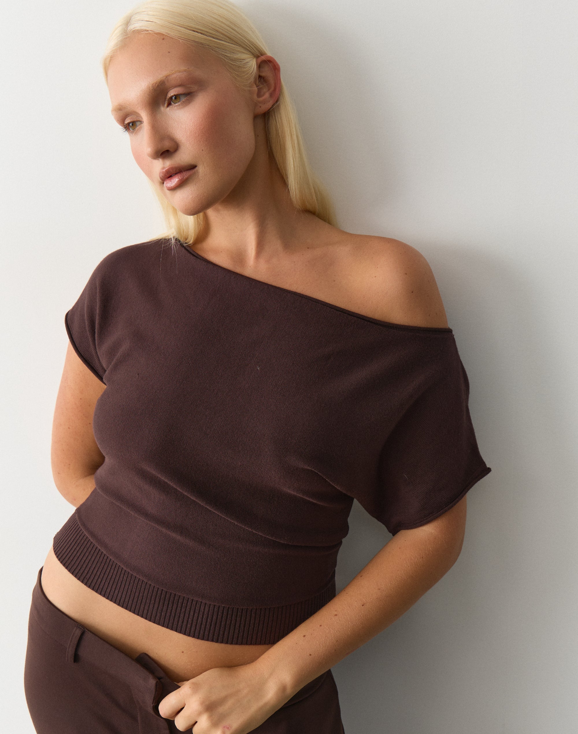 Off Shoulder Knit Top in Fudge Fantasy | Glassons US