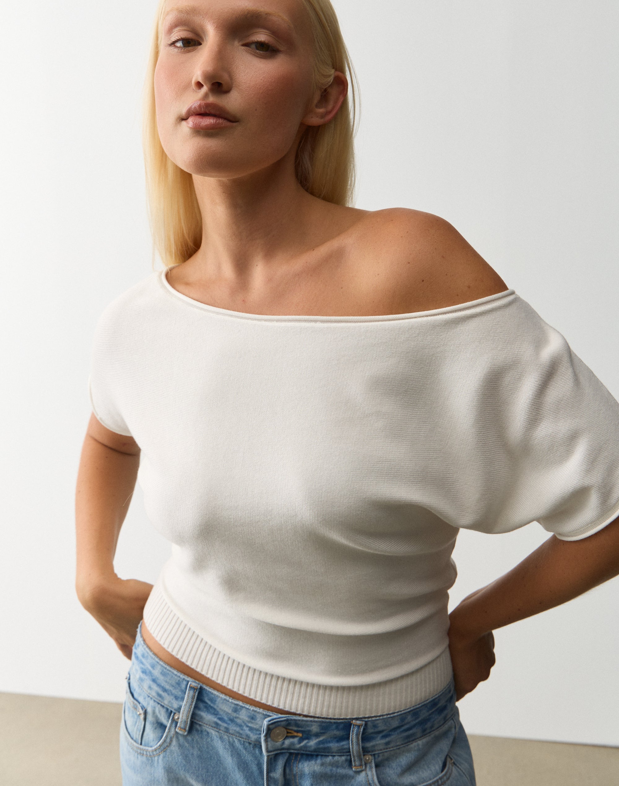 Off Shoulder Knit Top in Milk | Glassons US