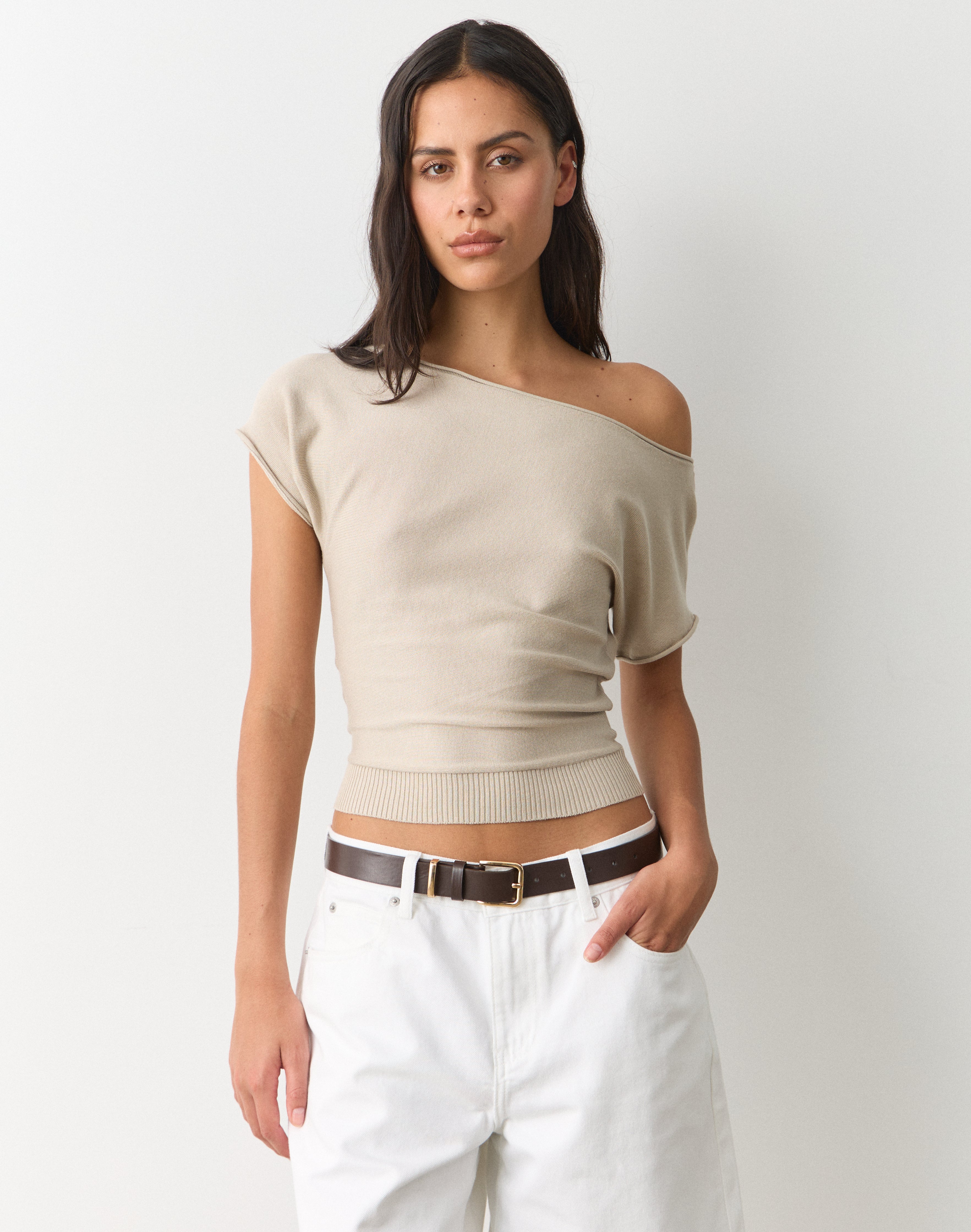 Off Shoulder Knit Top in Solid Sand | Glassons US