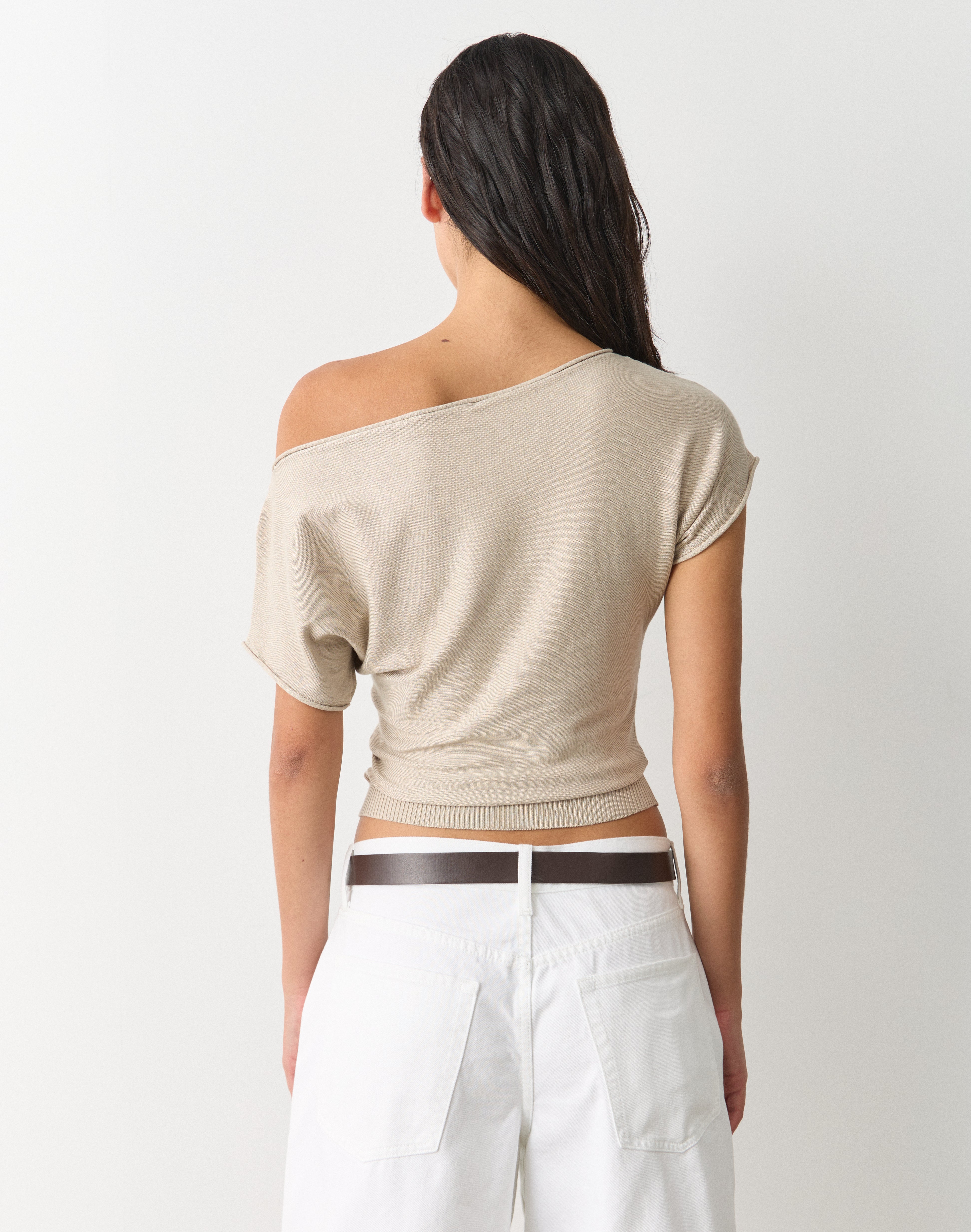 Off Shoulder Knit Top in Solid Sand | Glassons US