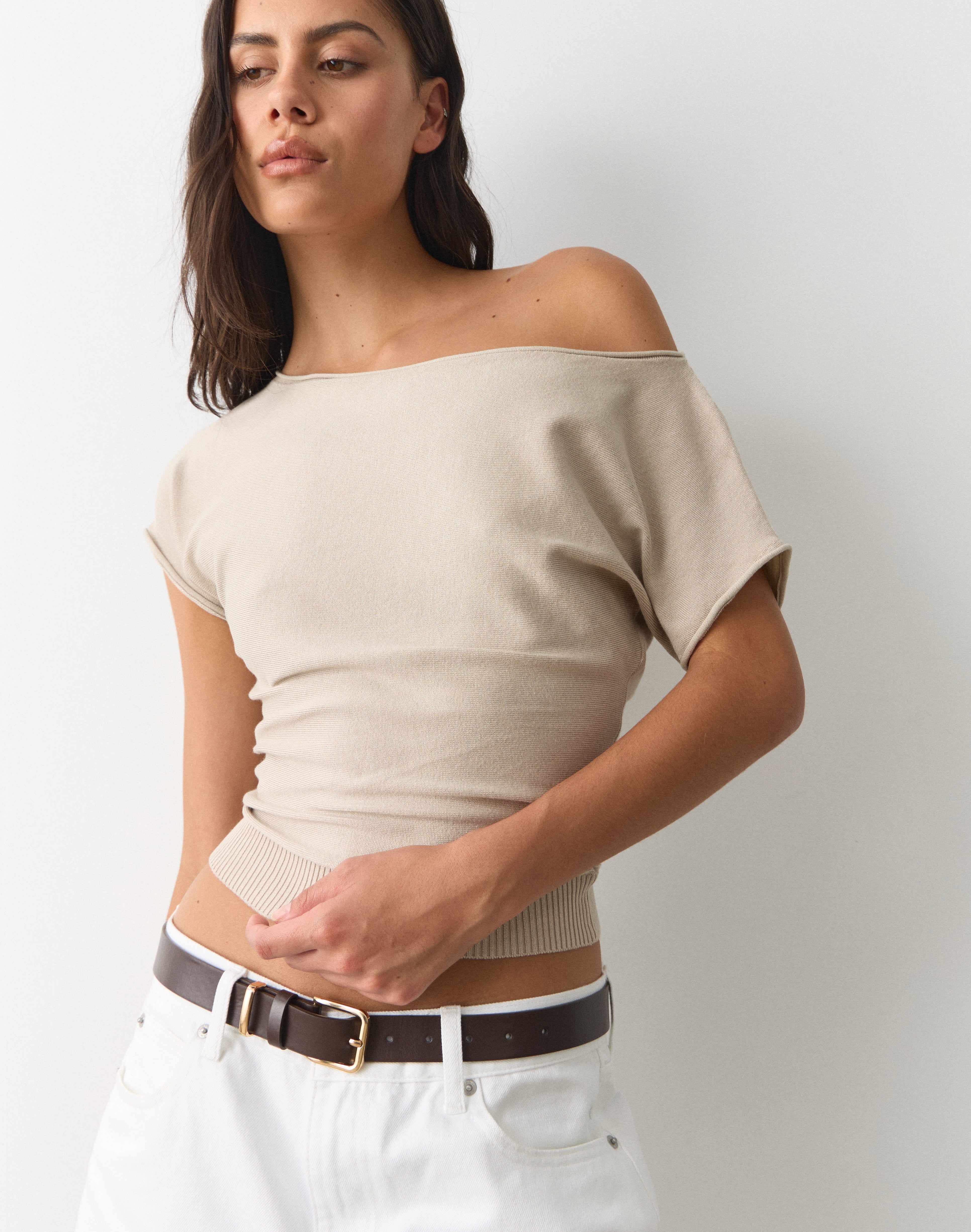 Off Shoulder Knit Top in Solid Sand | Glassons US
