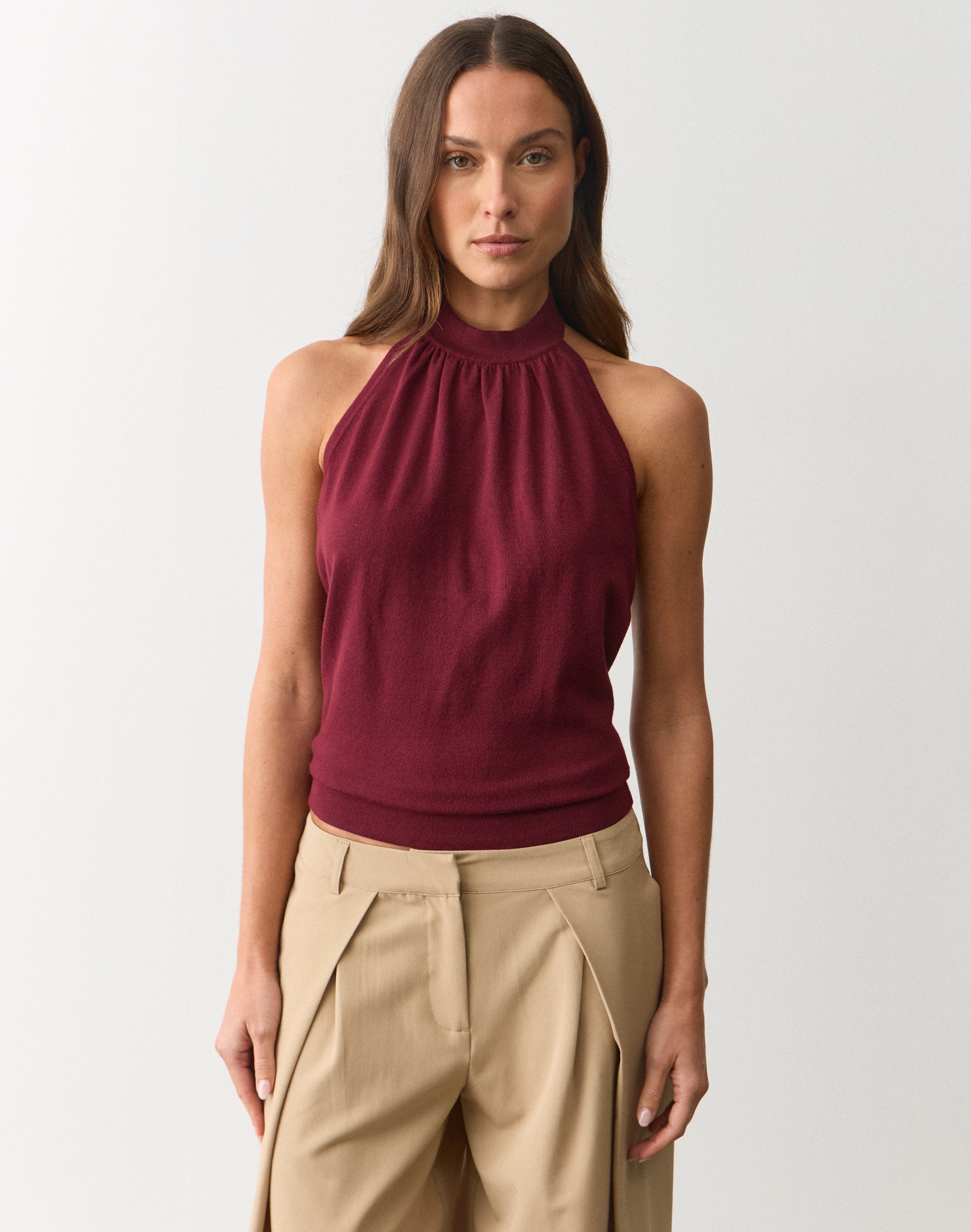 High Neck Knit Halter Top in Dark Rosewood | Glassons AU