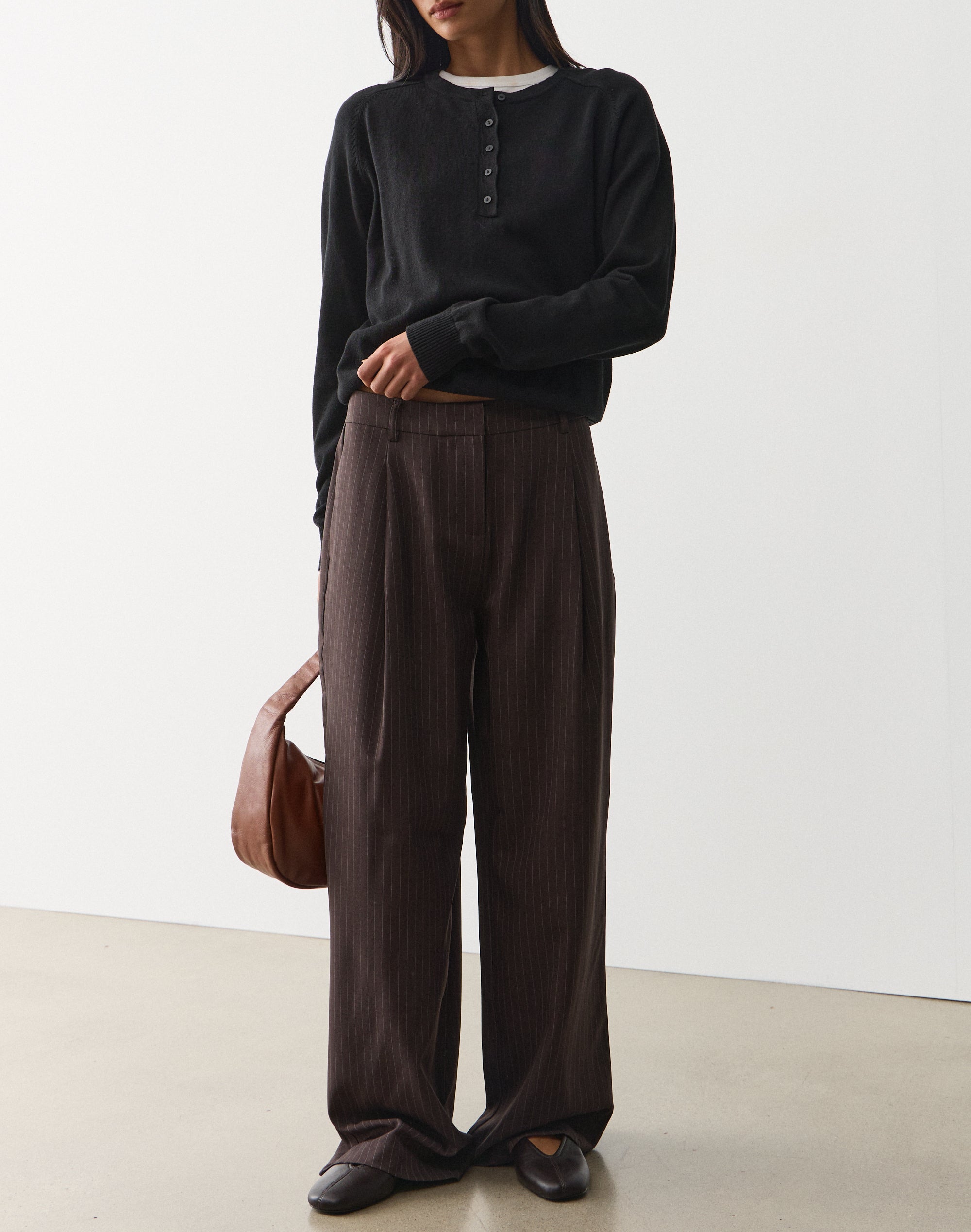 Mid Rise Wide Leg Tailored Pant in Chocolate Pinstripe | Glassons AU