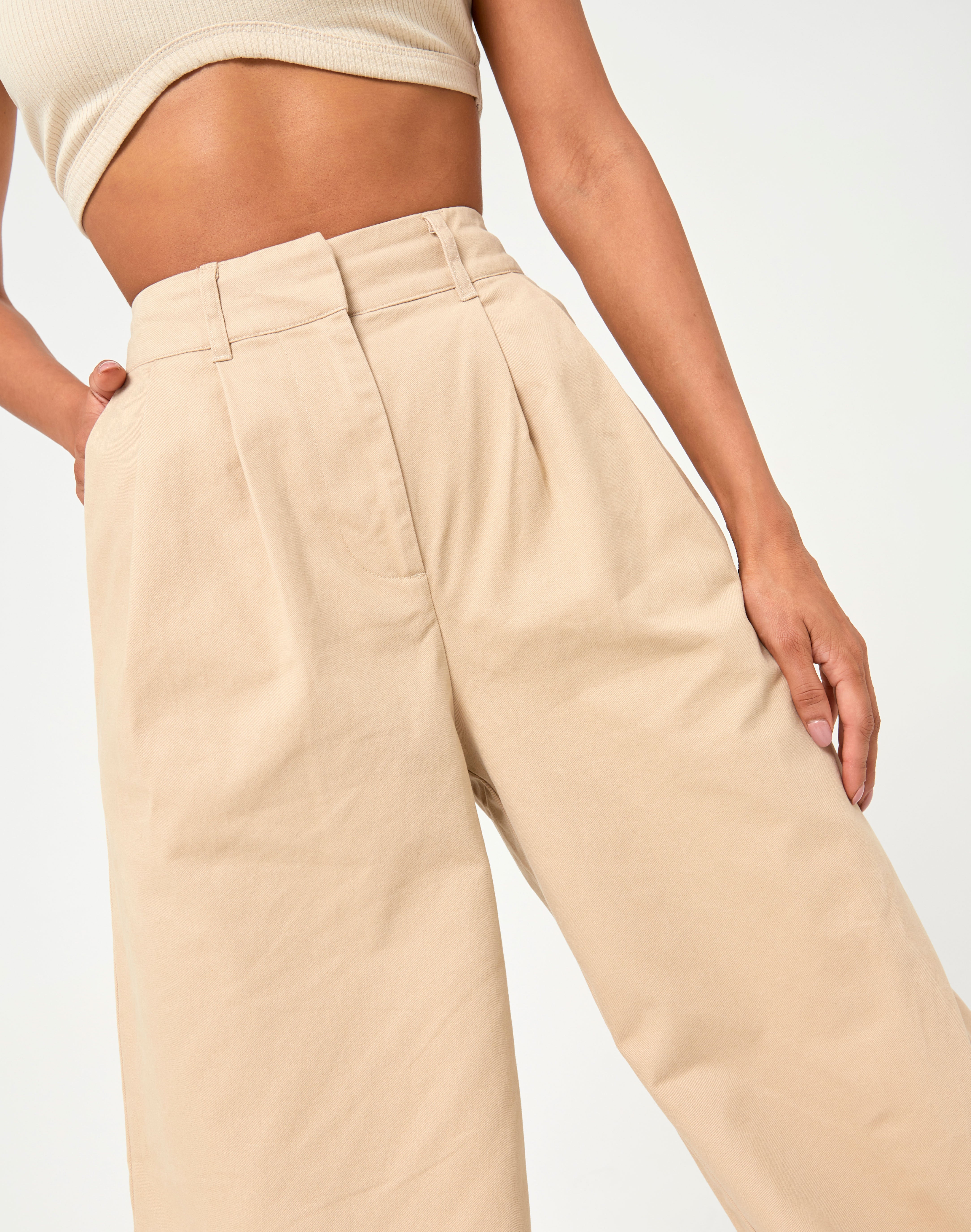 Wide Leg Tailored Cotton Pant in Beige 