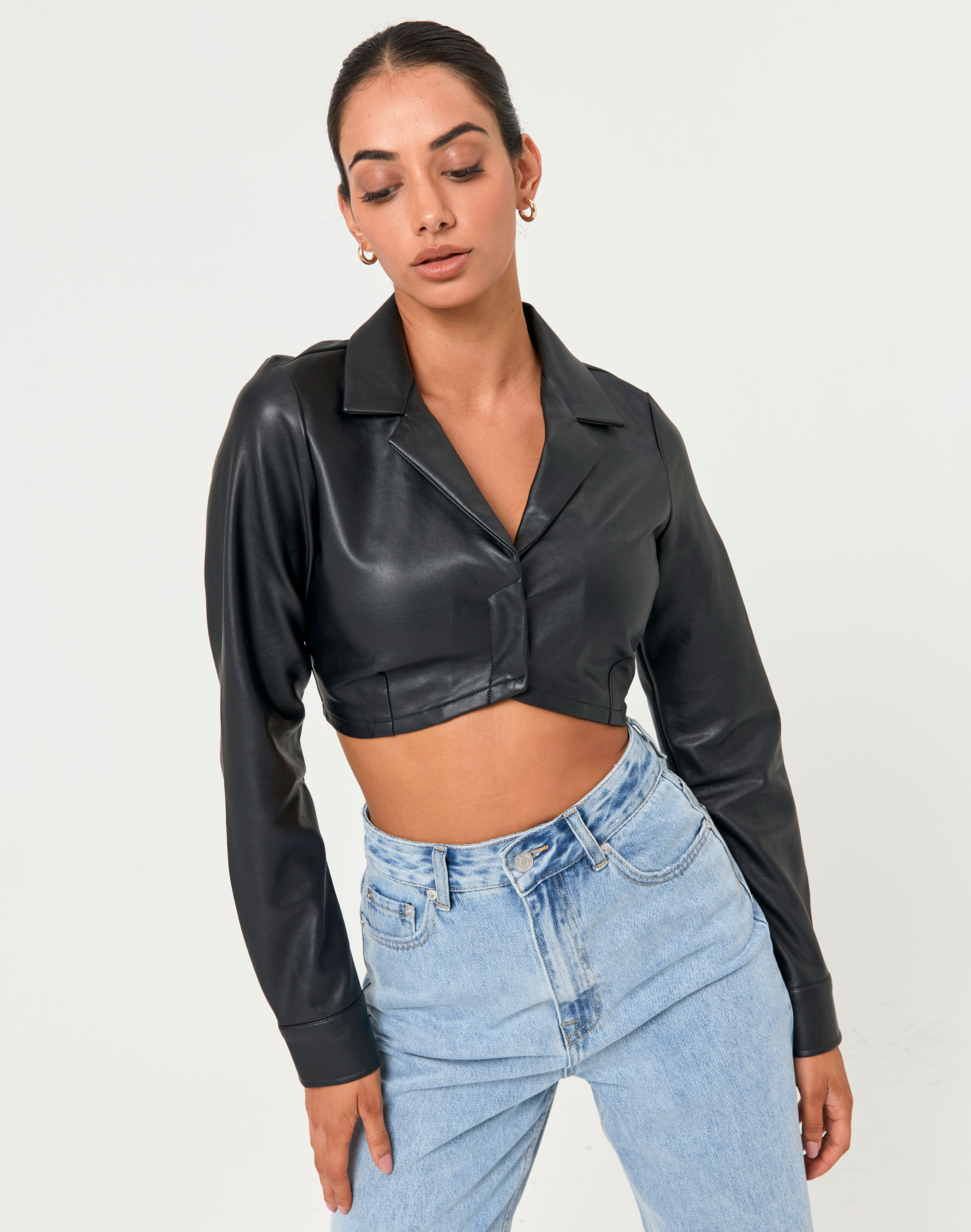 Faux Leather Long Sleeve Cropped Shirt 