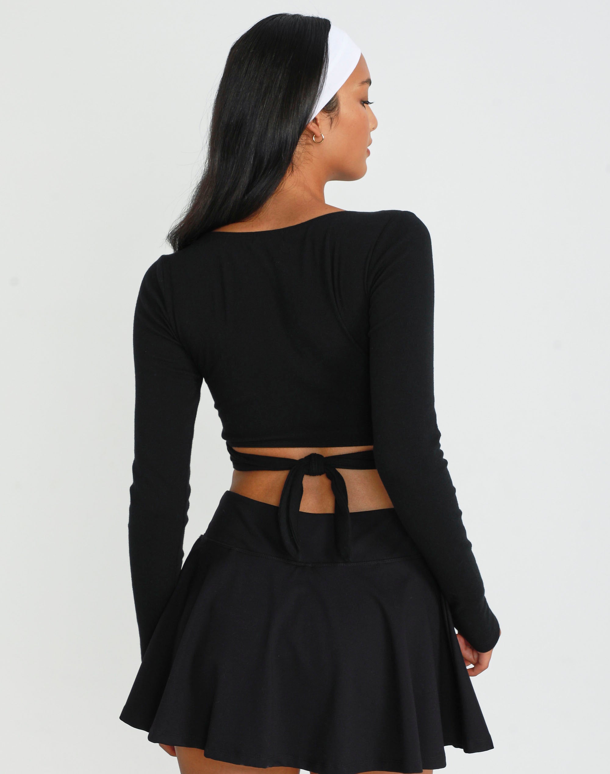 Active Wrap Tie Long Sleeve Crop Top in Black | Glassons