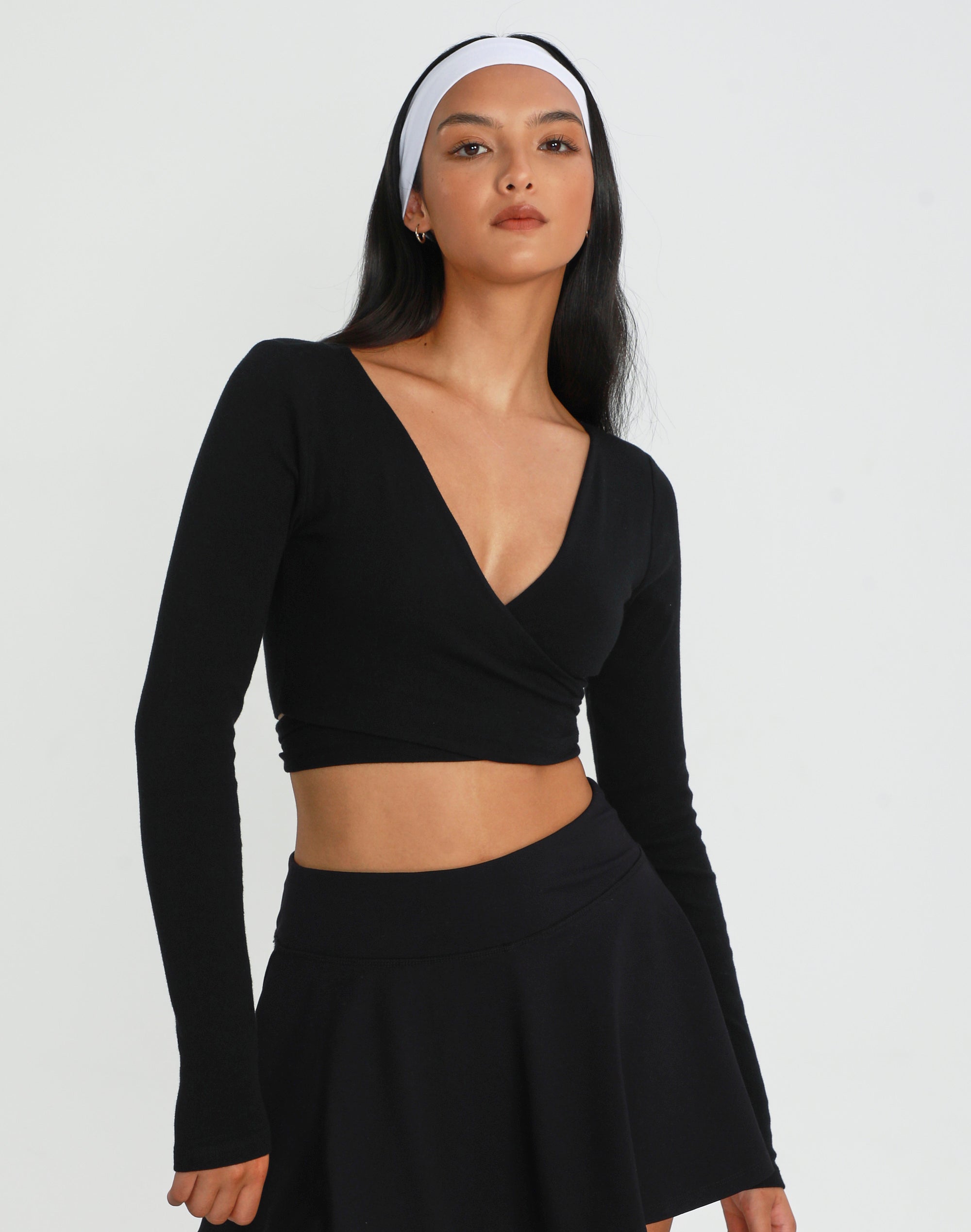 Active Wrap Tie Long Sleeve Crop Top in Black | Glassons