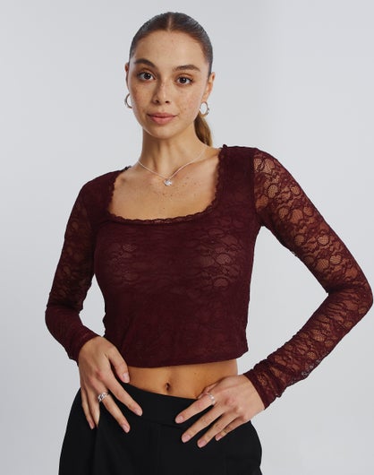 Scoop Neck Lace Long Sleeve Top in Red | Glassons