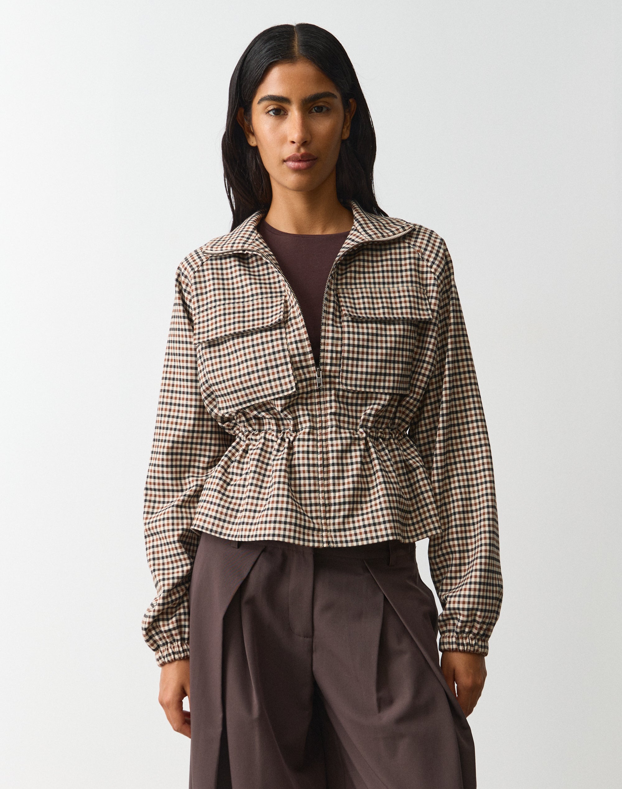 Gingham Pocket Front Jacket in Sand Caramel Harry Check | Glassons AU