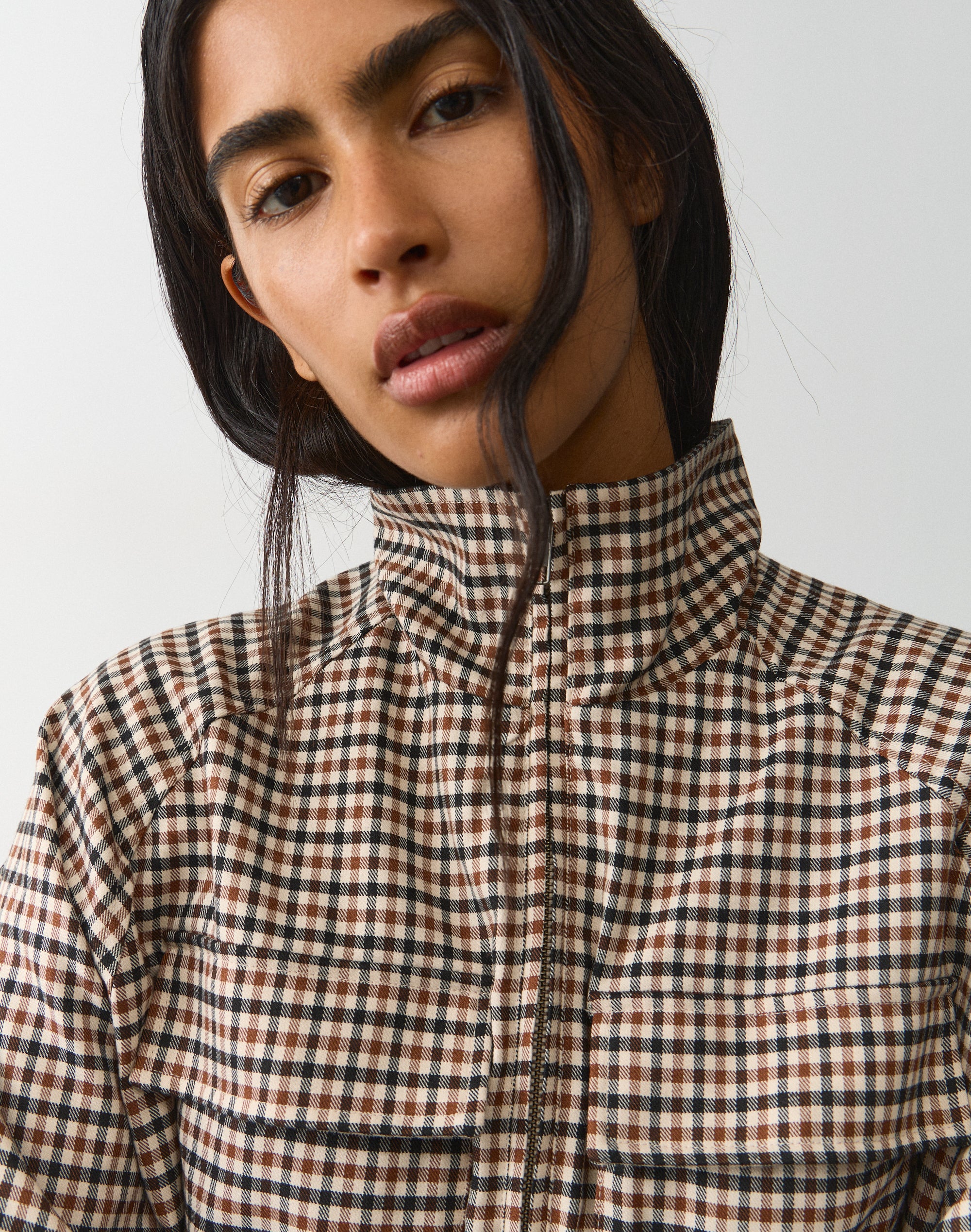 Gingham Pocket Front Jacket in Sand Caramel Harry Check | Glassons US