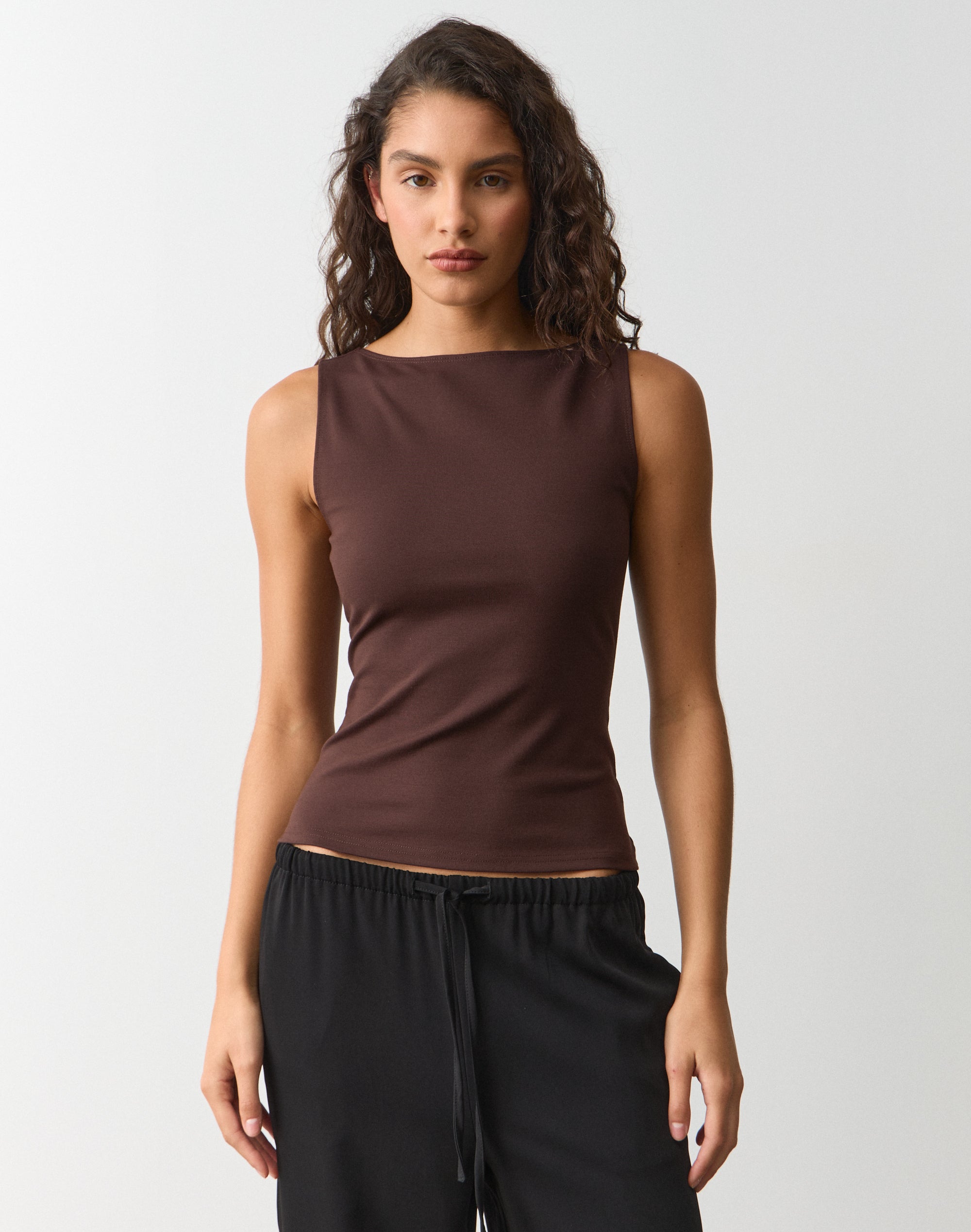 High Boat Neck Fitted Tank in Fudge Fantasy | Glassons US