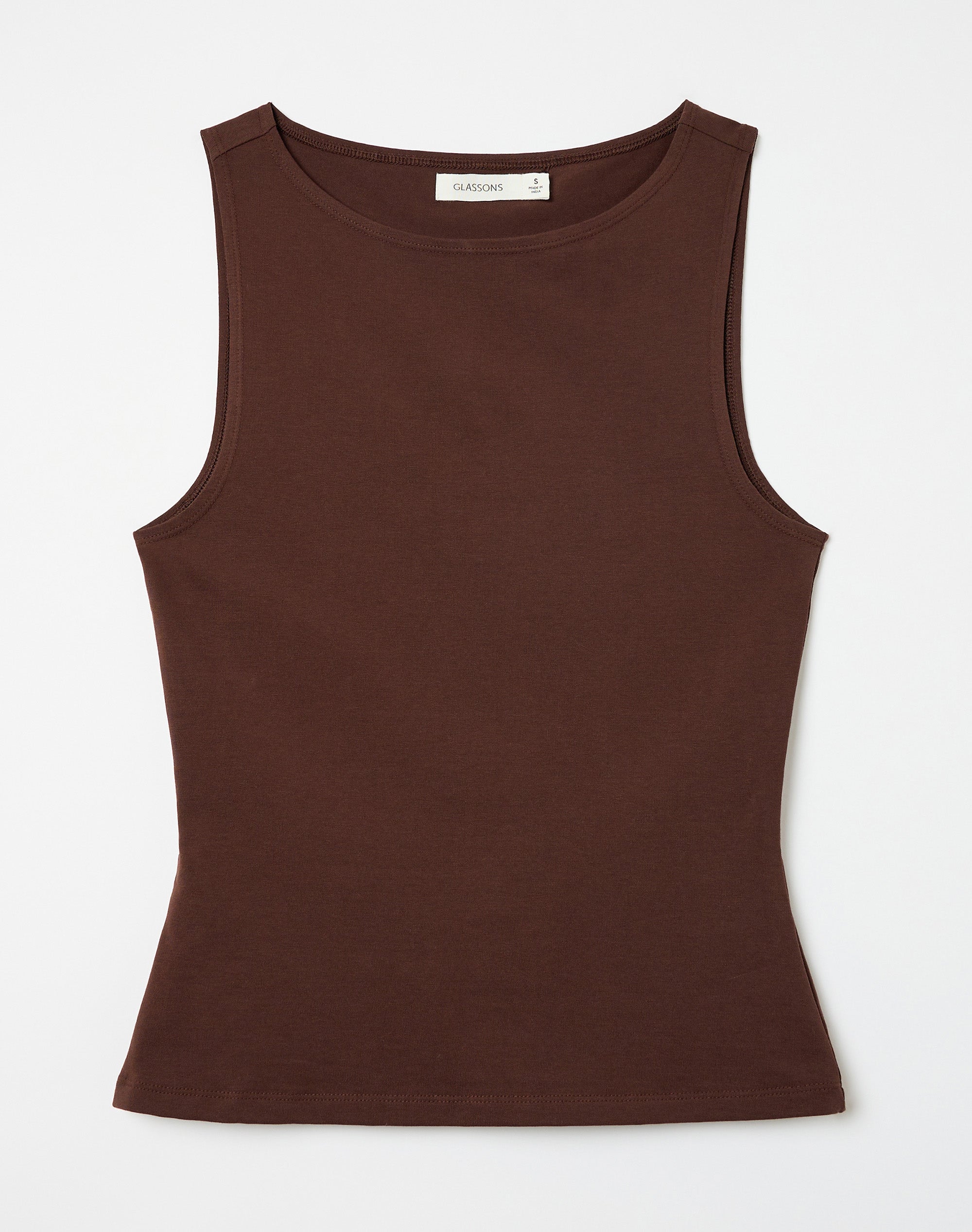 Cotton High Boat Neck Fitted Tank in Fudge Fantasy | Glassons US