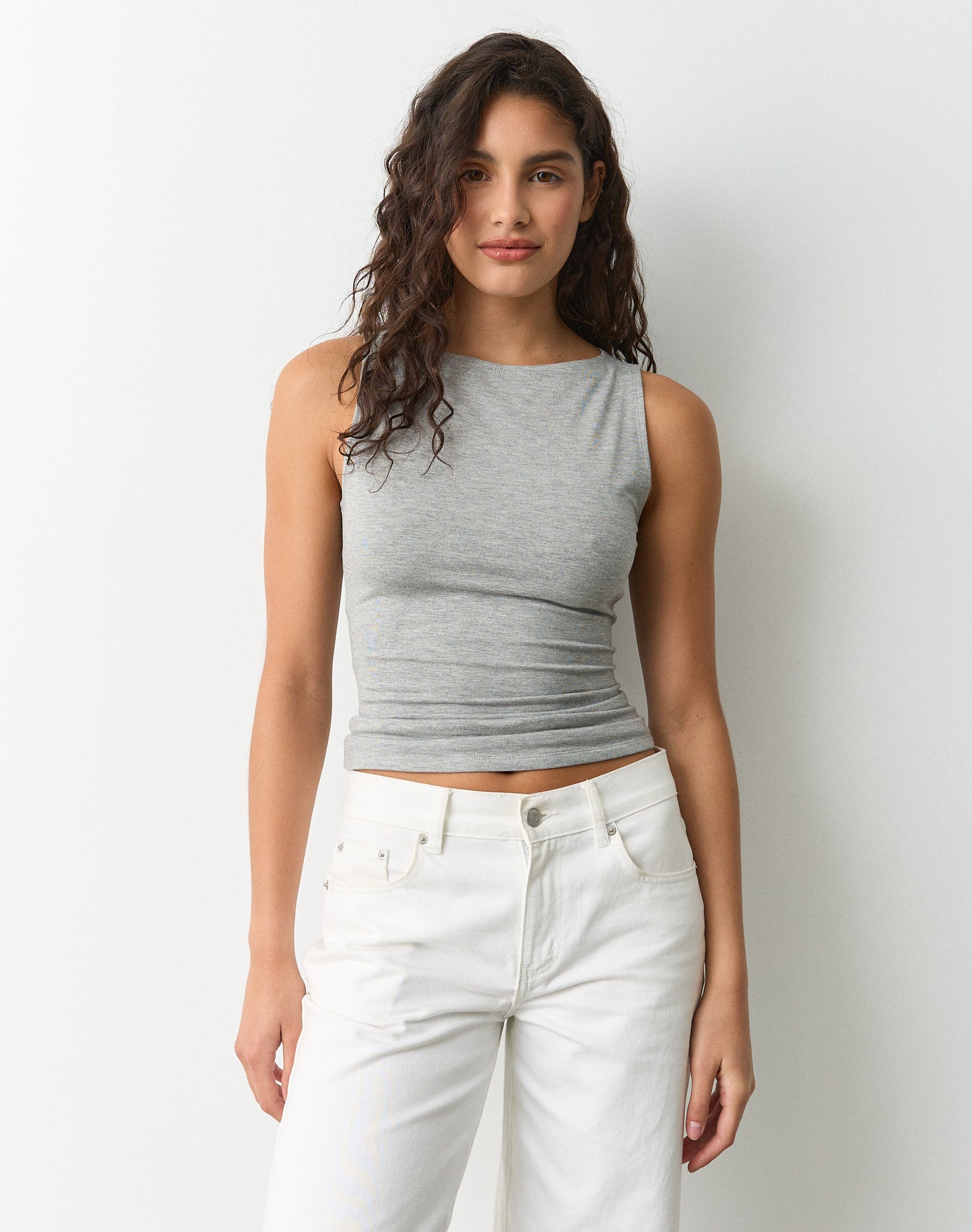 High Boat Neck Fitted Tank in Mid Grey Marle | Glassons