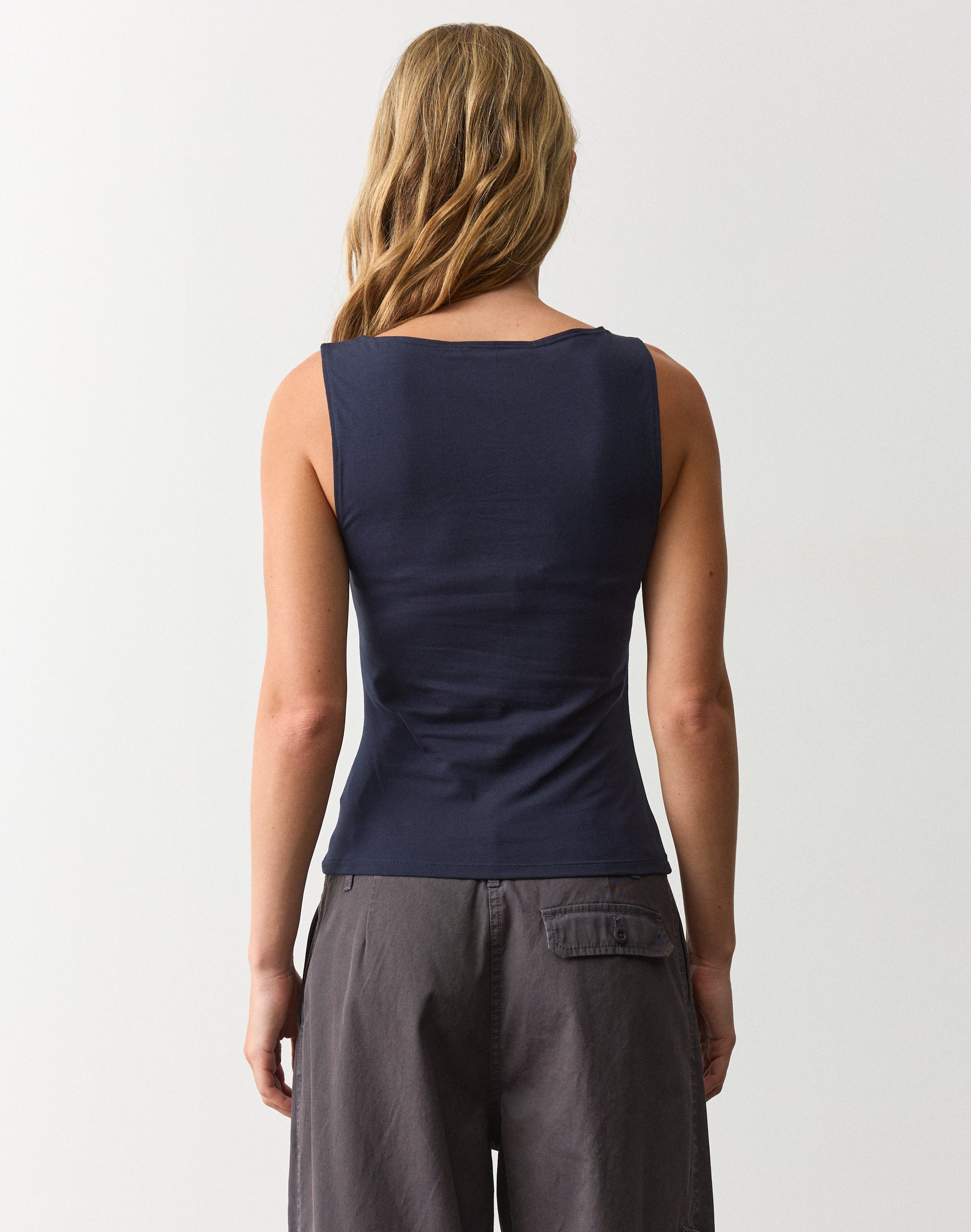 Cotton High Boat Neck Fitted Tank in Navy Blazer | Glassons US