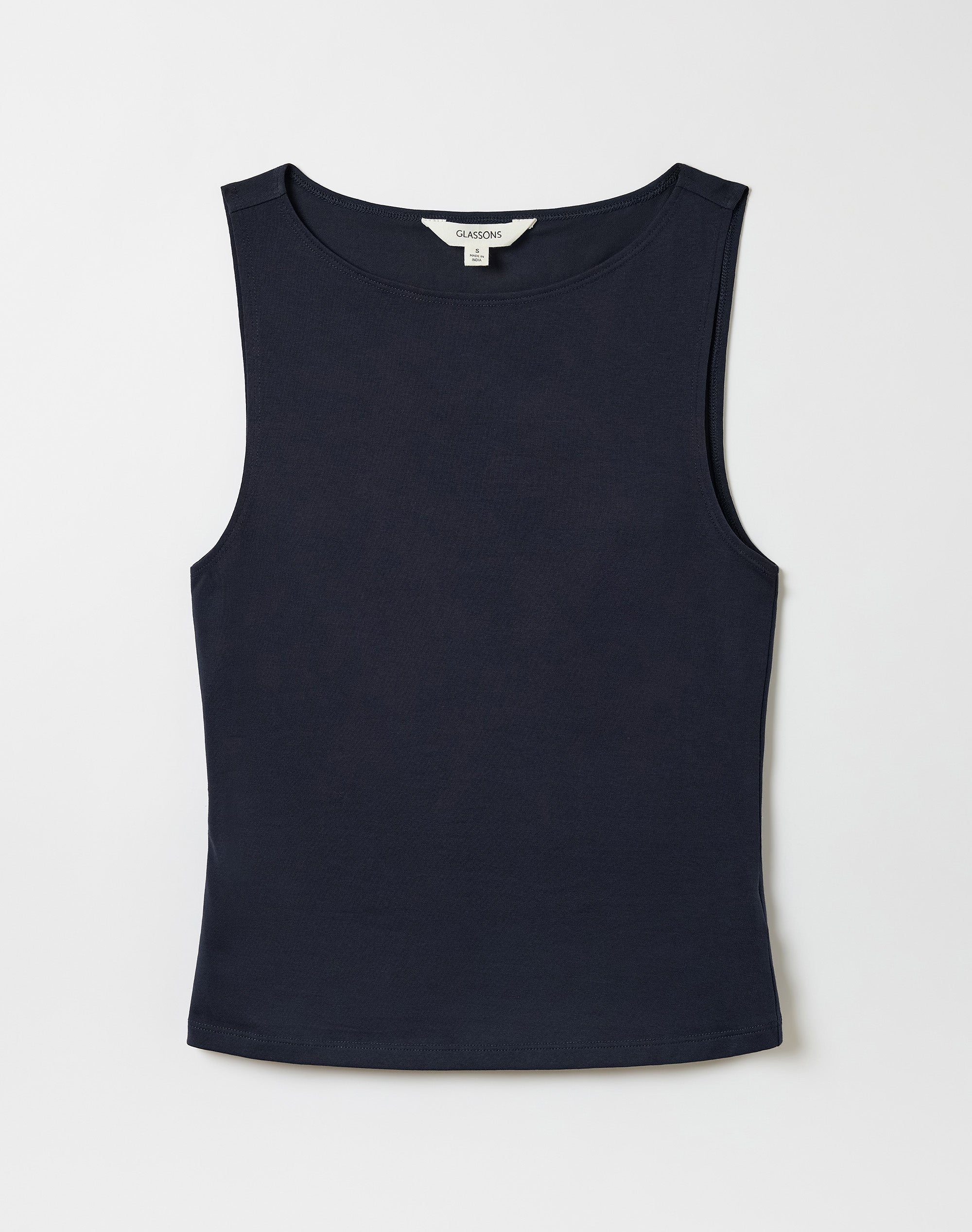 Cotton High Boat Neck Fitted Tank in Navy Blazer | Glassons US