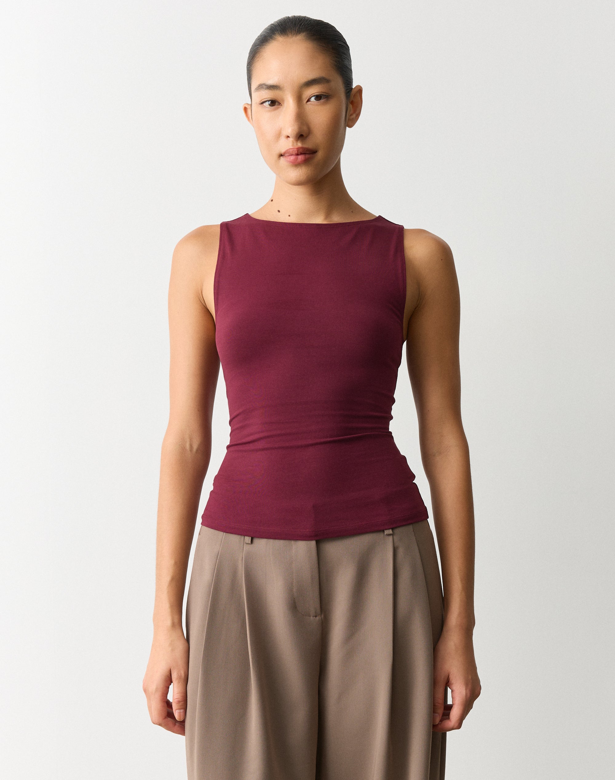 Cotton High Boat Neck Fitted Tank in Sangria Sunset | Glassons SG