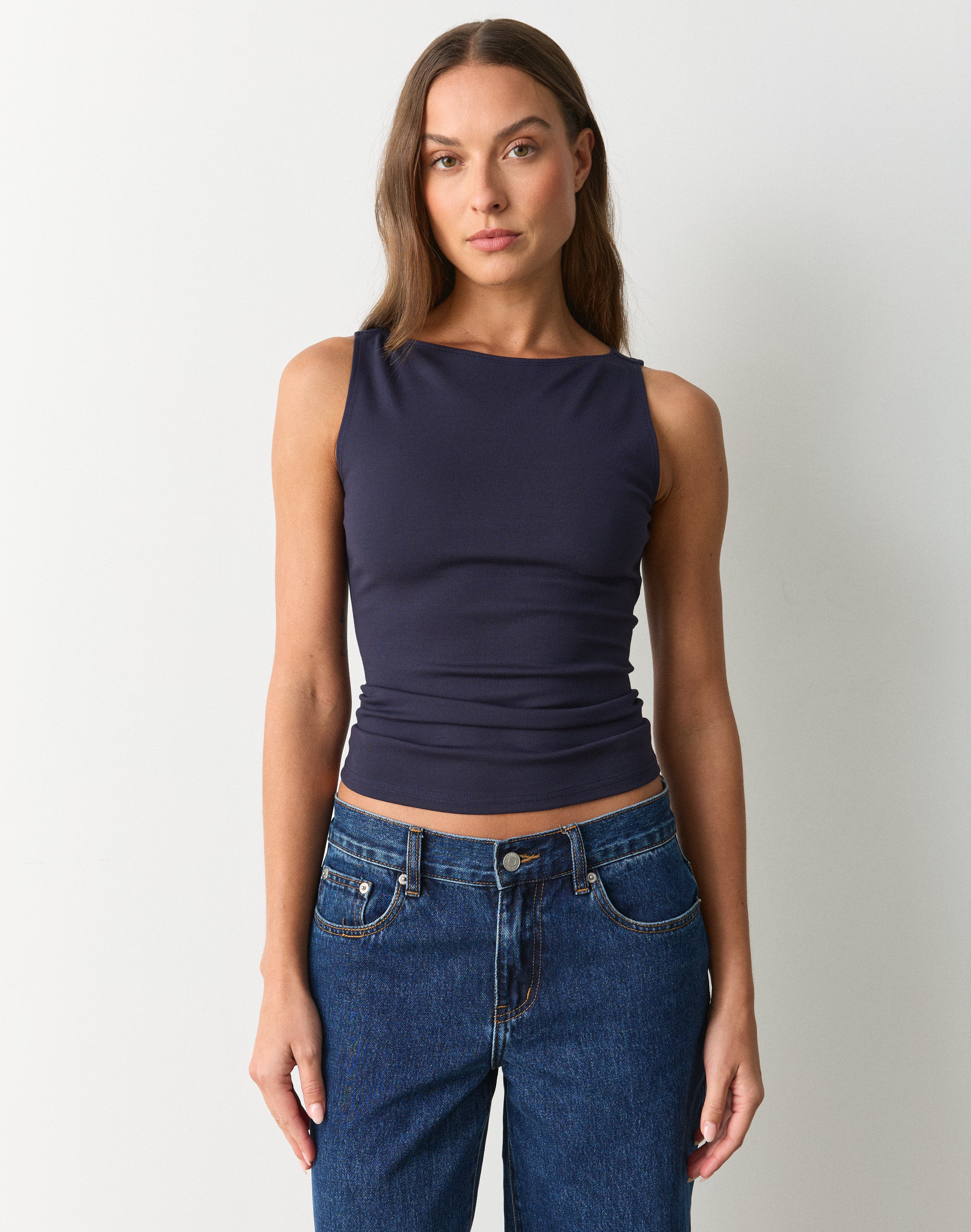 High Boat Neck Fitted Tank in Twilight Tides | Glassons