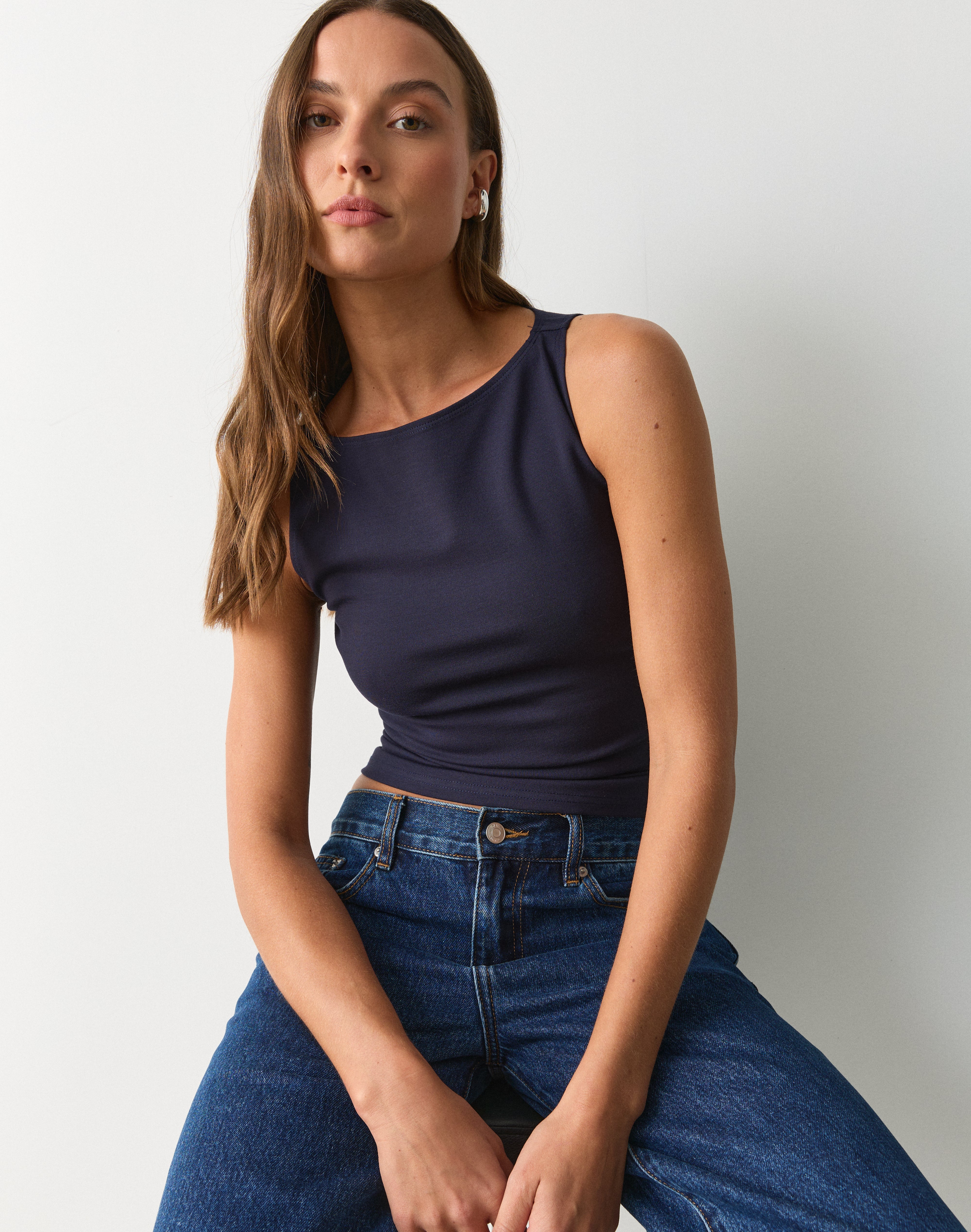 High Boat Neck Fitted Tank in Twilight Tides | Glassons