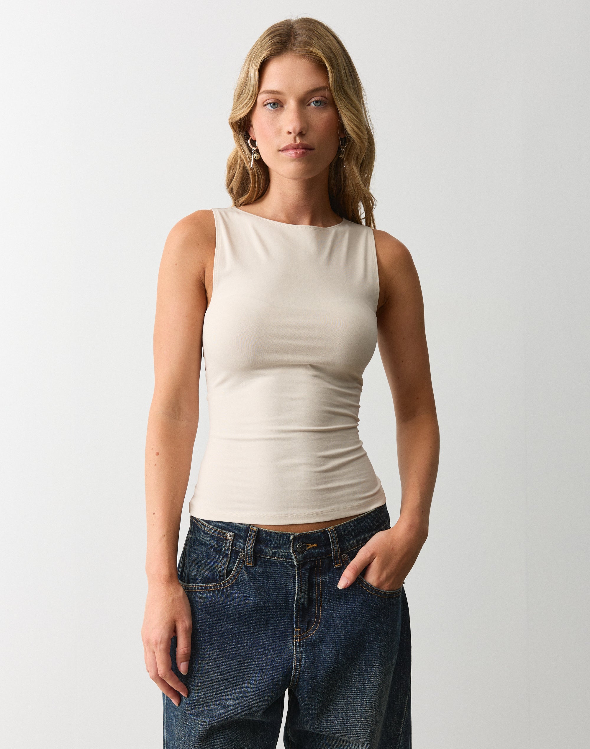 Cotton High Boat Neck Fitted Tank in Vanilla Slice | Glassons US Cotton High Boat Neck Fitted Tank in Vanilla Slice | Glassons US
