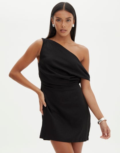 Linen Blend Off The Shoulder Mini Dress in Black | Glassons