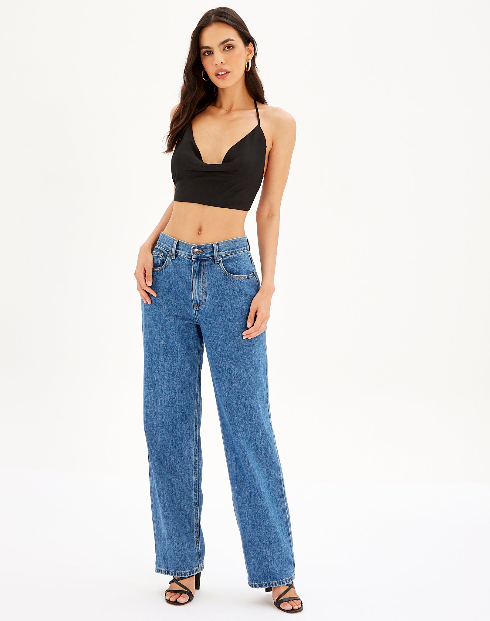 Recycled Satin Cowl Neck Open Back Top in Black | Glassons
