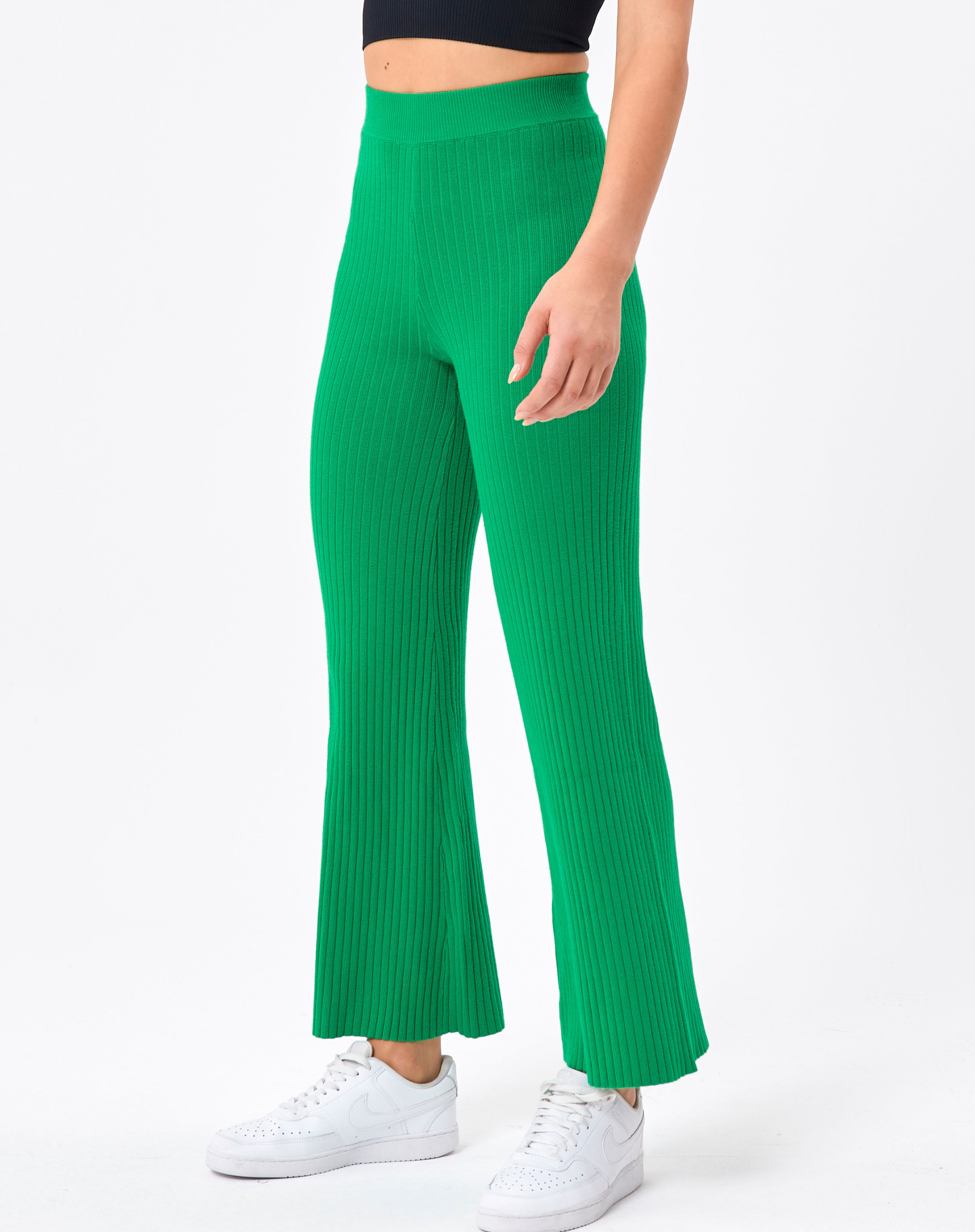 Recycled Ribbed Wide Leg Pant in Green 